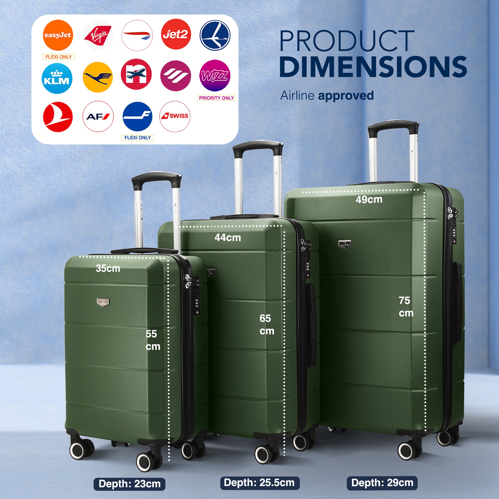 Jetset 3pc Suitcase Set in Army Green