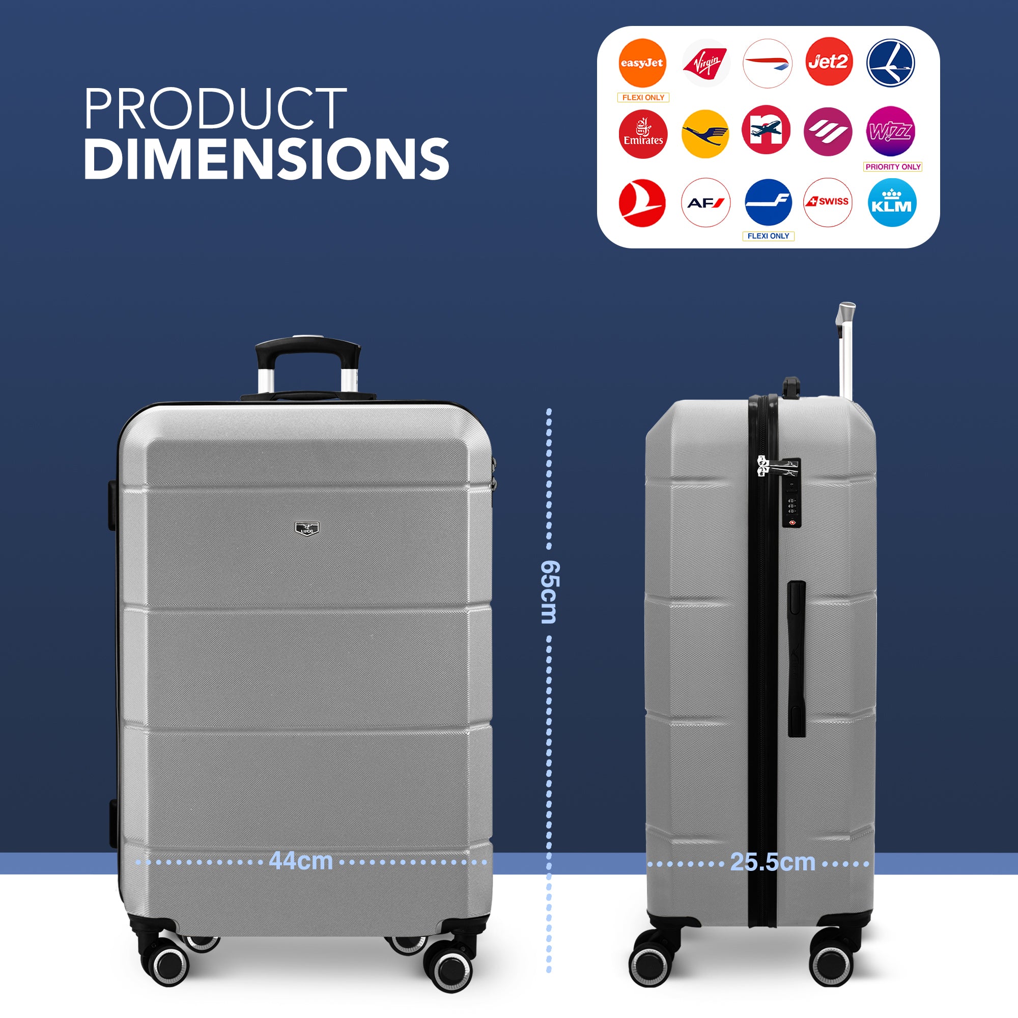 LUGG Jetset 24” Lightweight Travel Carry On Suitcase, ABS, Water Resistant & TSA Lock, Easyjet Overhead- Silver