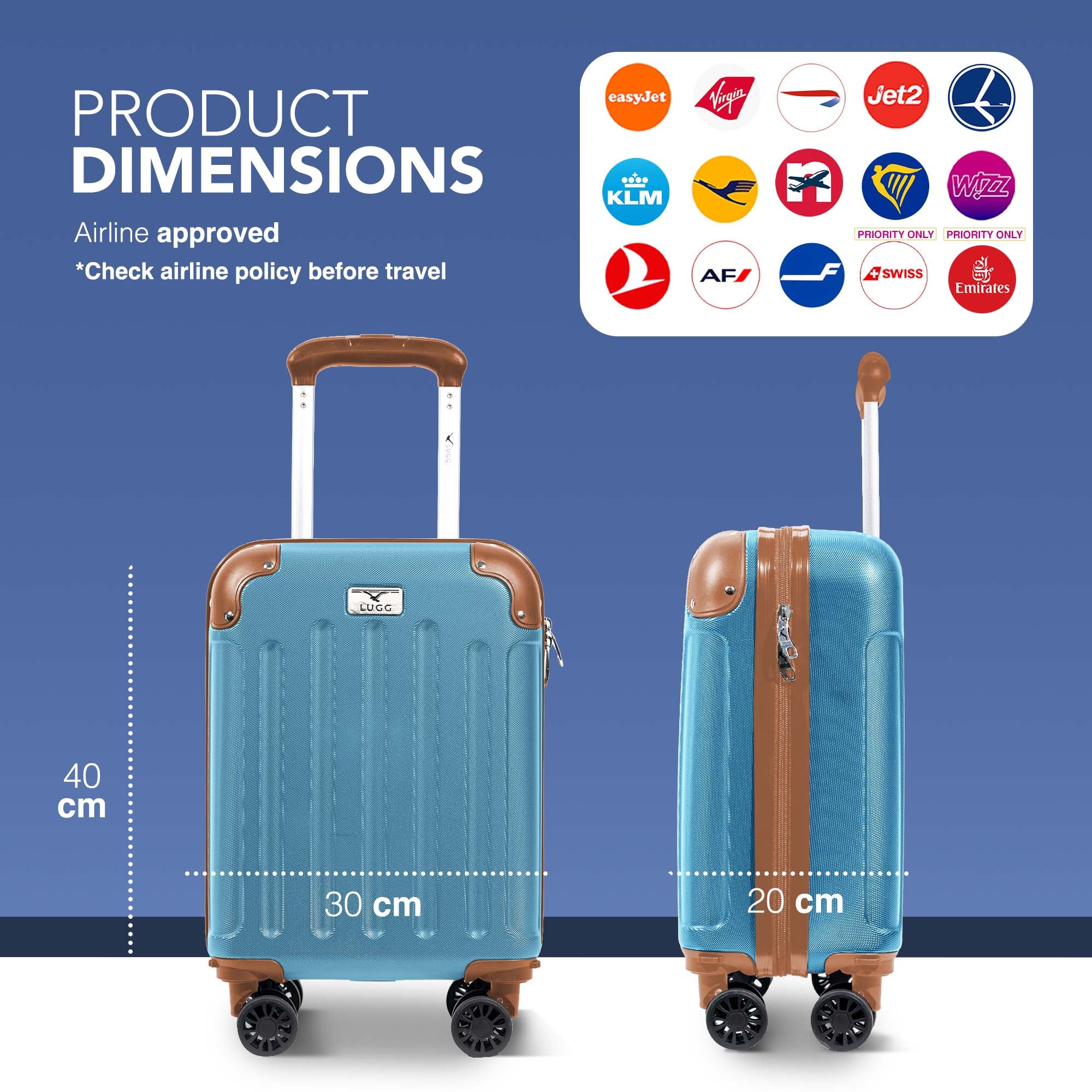 LUGG 40cm Skywander Lightweight Underseat Cabin Bag – Ryanair & EasyJet Approved Carry-On Suitcase, Durable ABS Hard Shell, Smooth Double Spinner Wheels, Water-Resistant & Compact Luggage (40x30x20cm, without wheels) - Blue/Brown