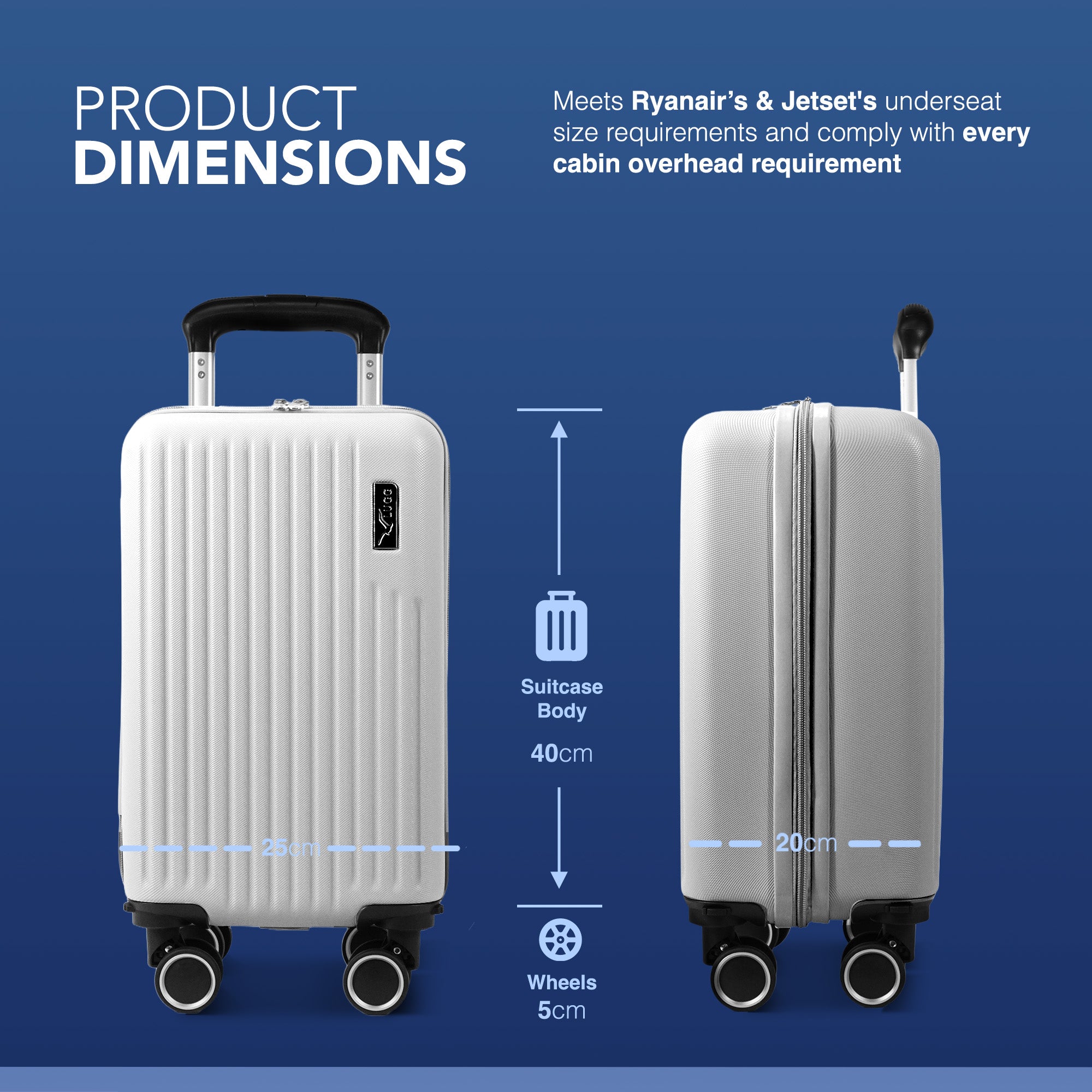 LUGG 40cm Vacay Suitcase ABS Luggage with TSA Indent Lock, Aluminium Trolley Handle, 360° Spinner Wheels, Water-Resistant & Durable Material - Airline Compatible (40 x 20 x 25cm)- Pearl