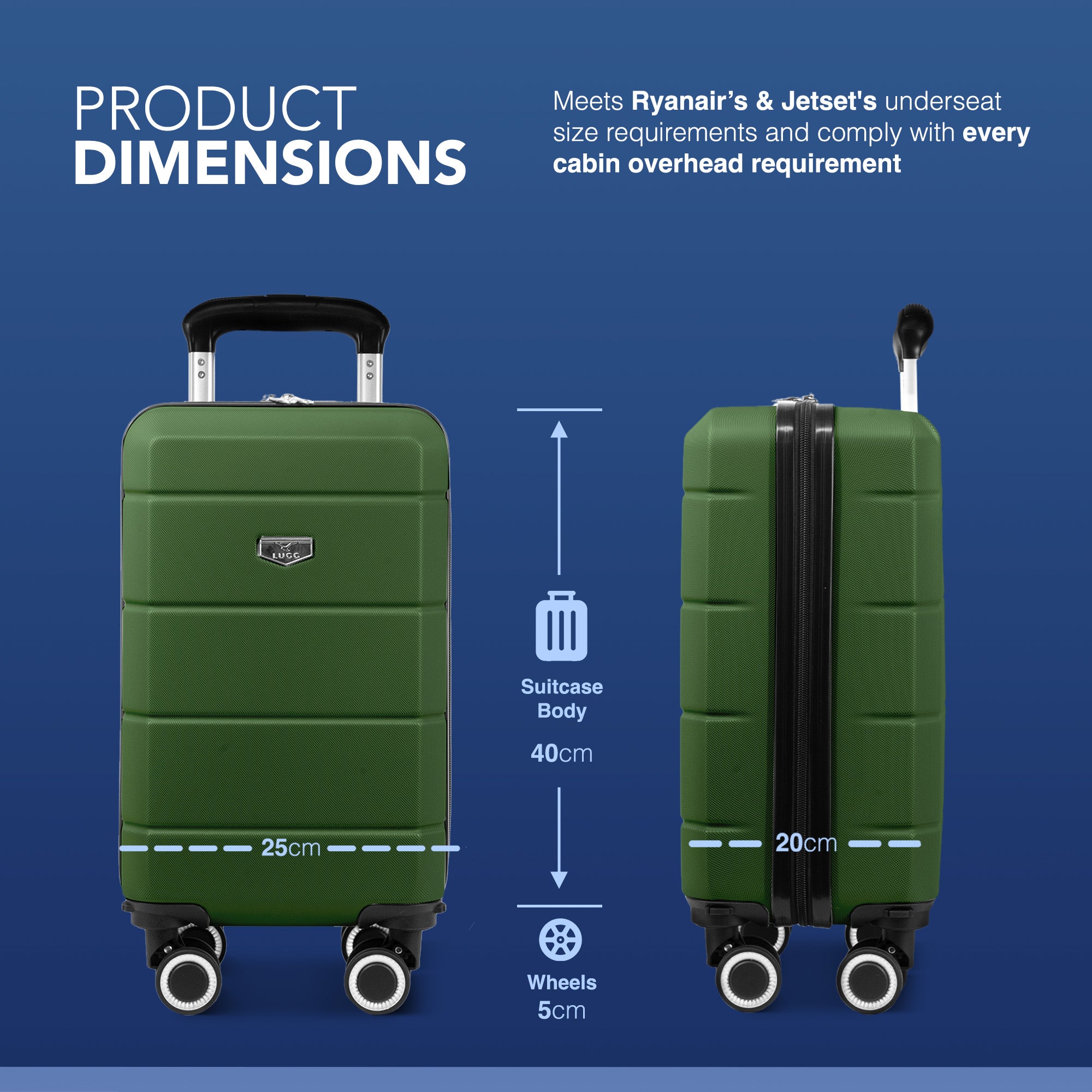 LUGG - Jetset 40cm Suitcase - 40x25x20cm- Ryanair Compatible - TSA Lock - Underseat Size - Hard Shell ABS - Spinner & Removable Wheels - Lightweight Travel Luggage- Army Green