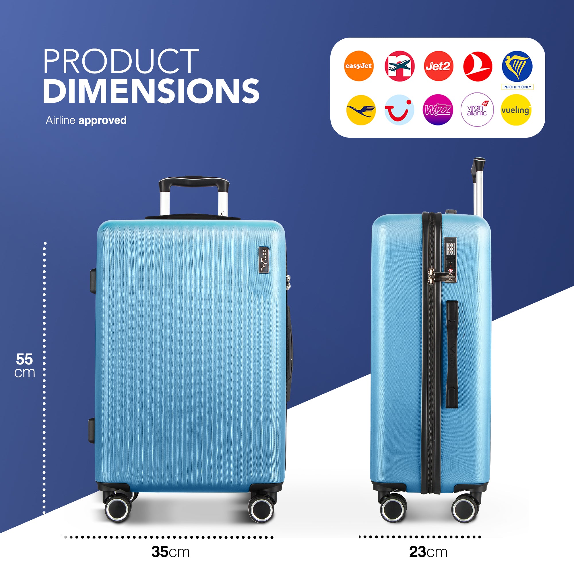 Vacay 20” Suitcase ABS Luggage with TSA Indent Lock, Aluminium Trolley Handle, 360° Spinner Wheels - Airline Compatible (55 x 35 x 23cm) - Light Blue