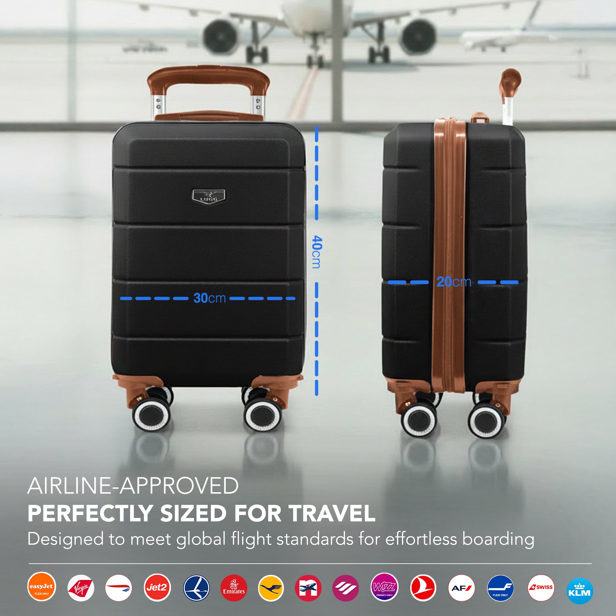 LUGG - Jetset 40cm Suitcase - 40x30x20cm- Ryanair Compatible - Underseat Size - Hard Shell ABS - Spinner & Removable Wheels - Lightweight Travel Luggage- Black/Brown