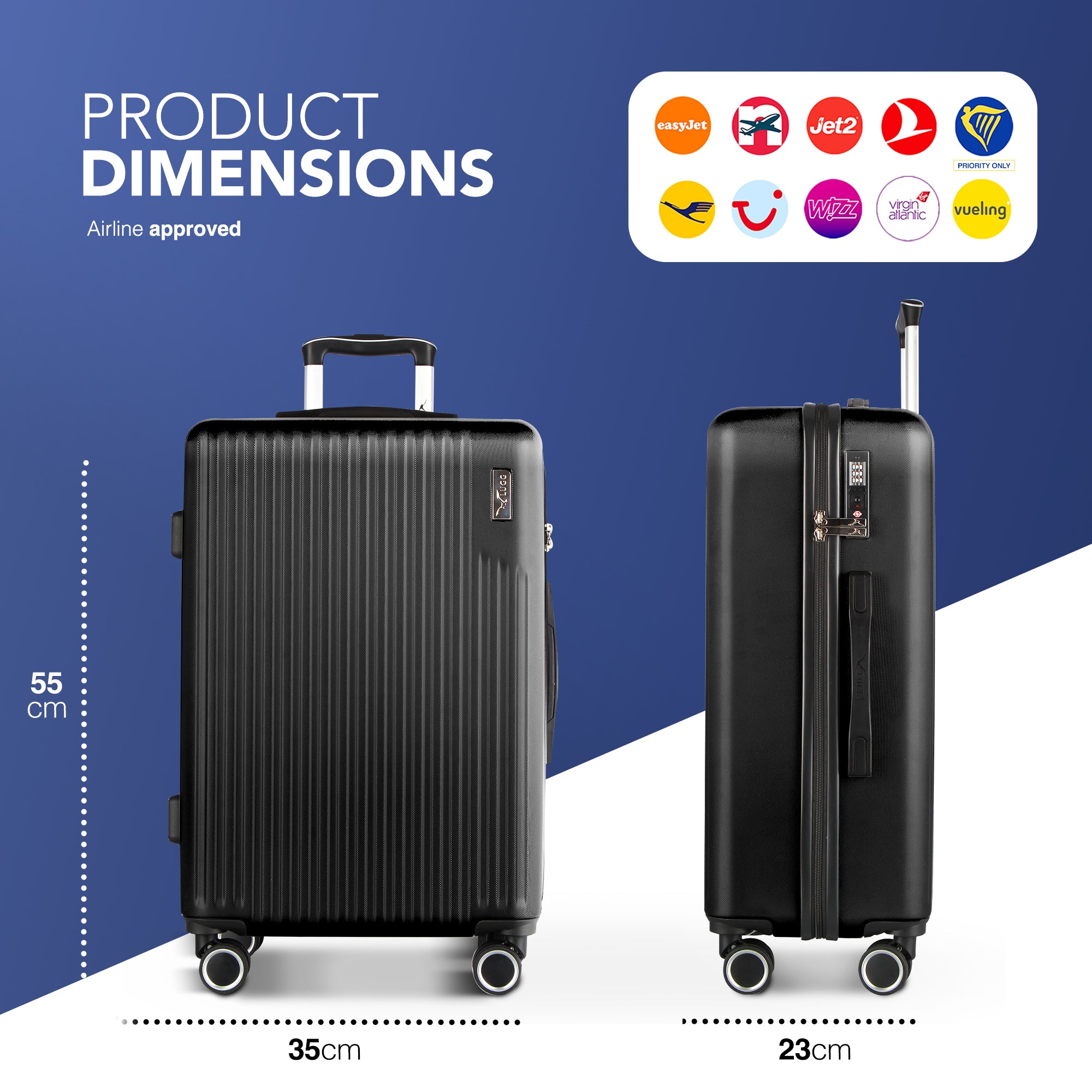 Vacay 20” Suitcase ABS Luggage with TSA Indent Lock, Aluminium Trolley Handle, 360° Spinner Wheels - Airline Compatible (55 x 35 x 23cm) - Shadow