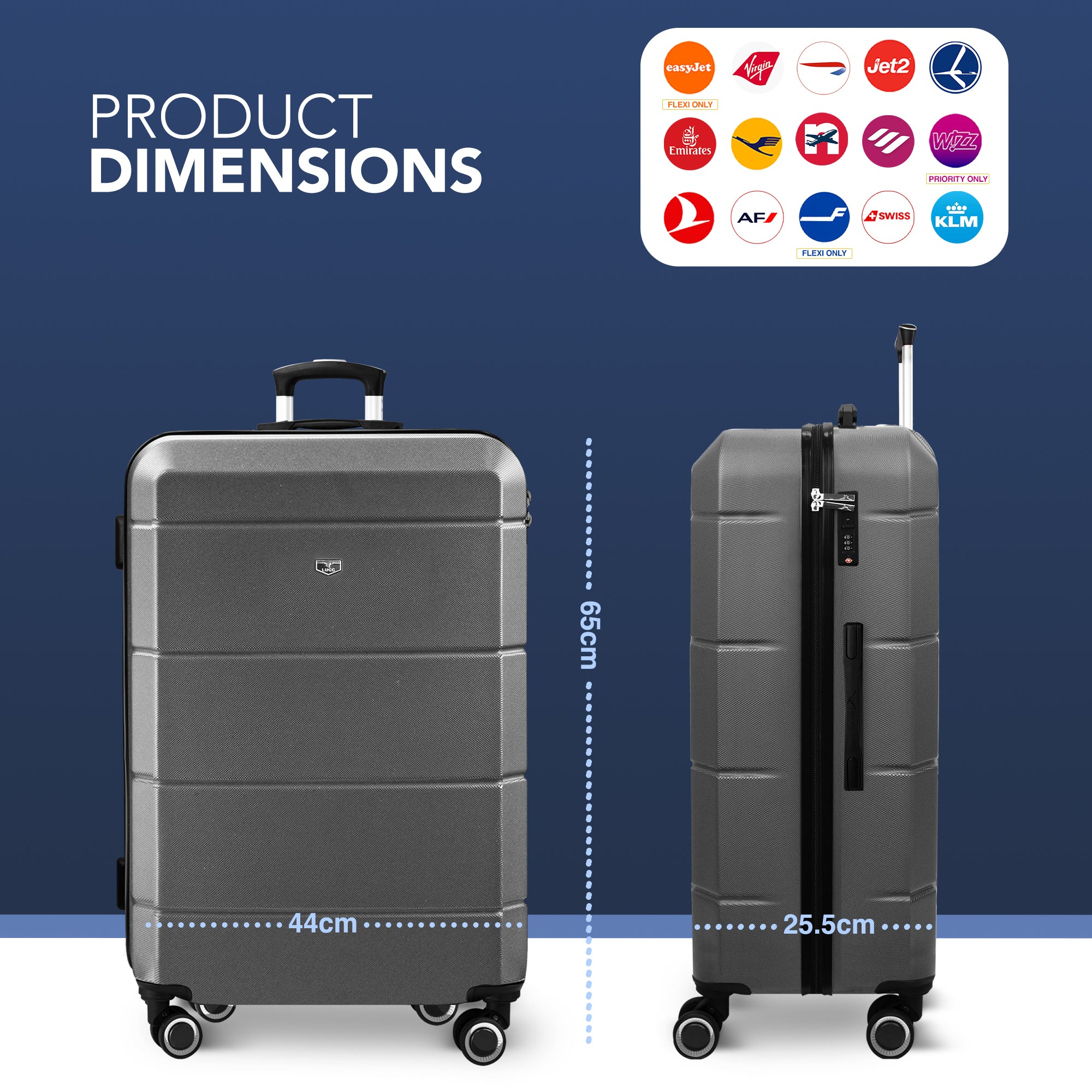 LUGG Jetset 24” Lightweight Travel Carry On Suitcase, ABS, Water Resistant & TSA Lock, Easyjet Overhead- Gunmetal