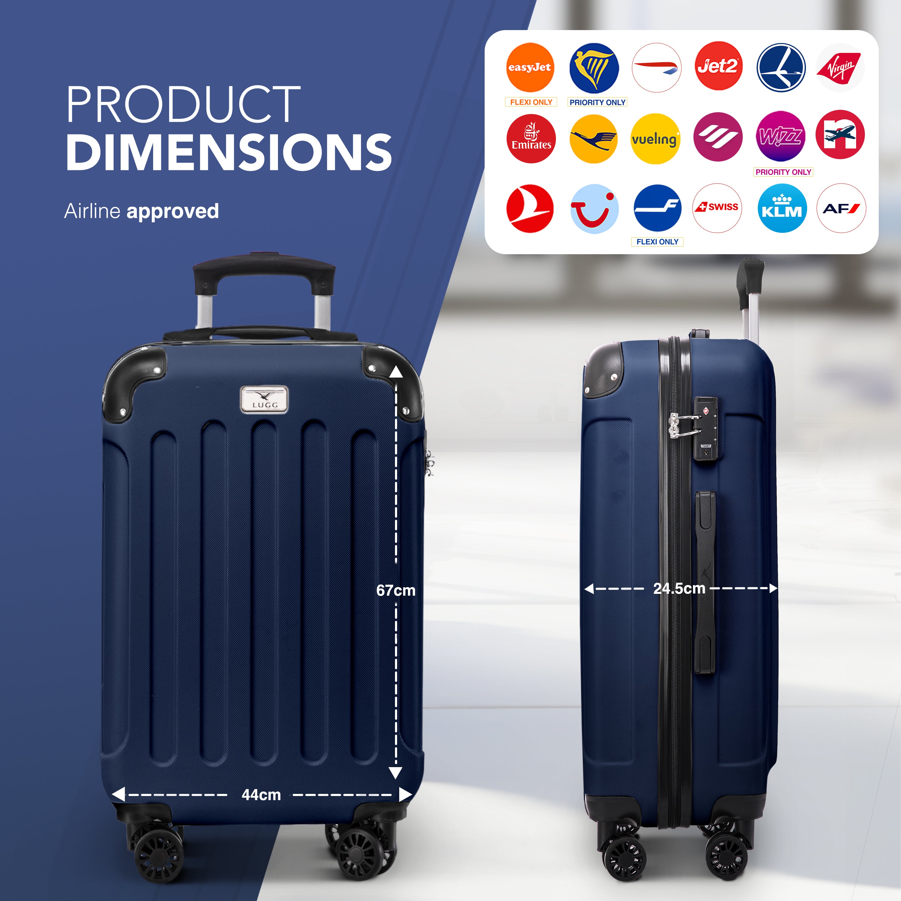 LUGG Skywander 24” Lightweight Underseat Cabin Bag - 67cm x 44cm x 24.5cm – EasyJet Approved Carry-On Suitcase, Durable ABS Hard Shell- Midnight Blue