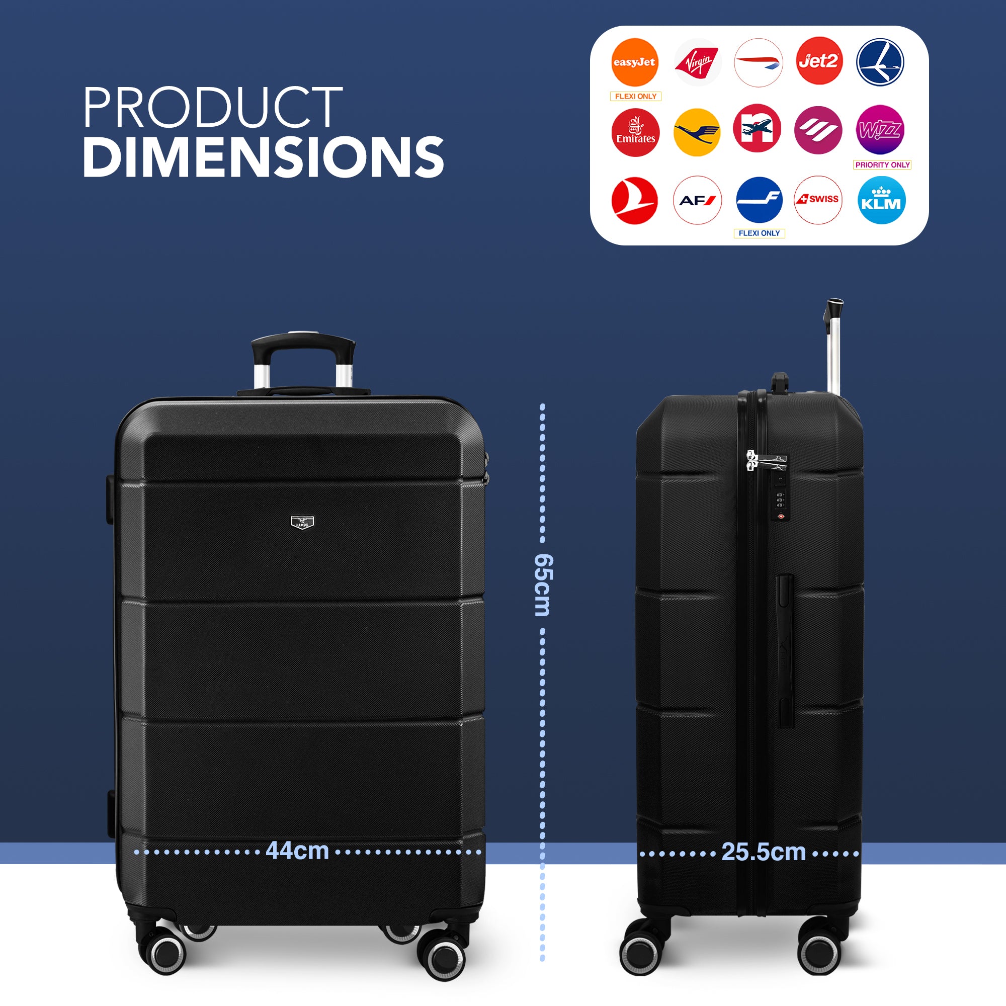 LUGG Jetset 24” Lightweight Travel Carry On Suitcase, ABS, Water Resistant & TSA Lock, Easyjet Overhead- Black