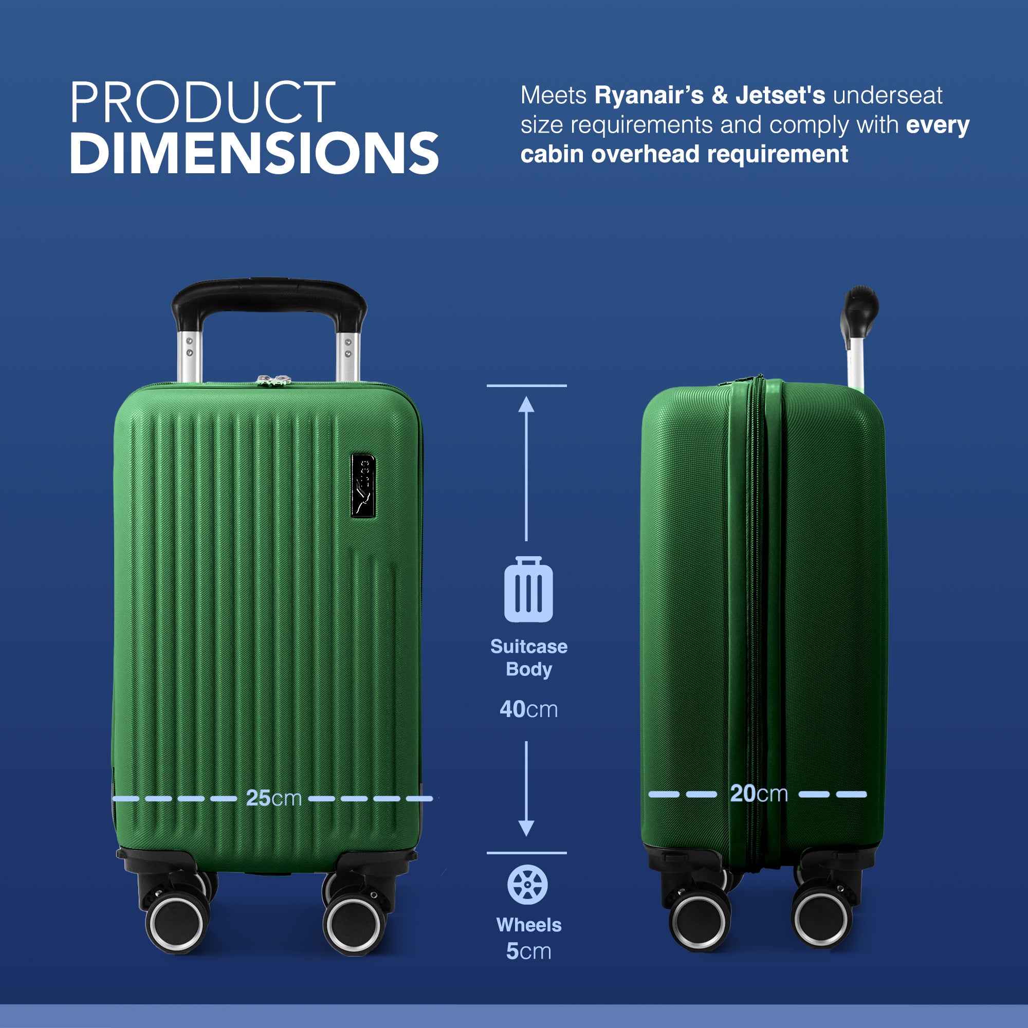 LUGG 40cm Vacay Suitcase ABS Luggage with TSA Indent Lock, Aluminium Trolley Handle, 360° Spinner Wheels, Water-Resistant & Durable Material - Airline Compatible (40 x 20 x 25cm)- Forest
