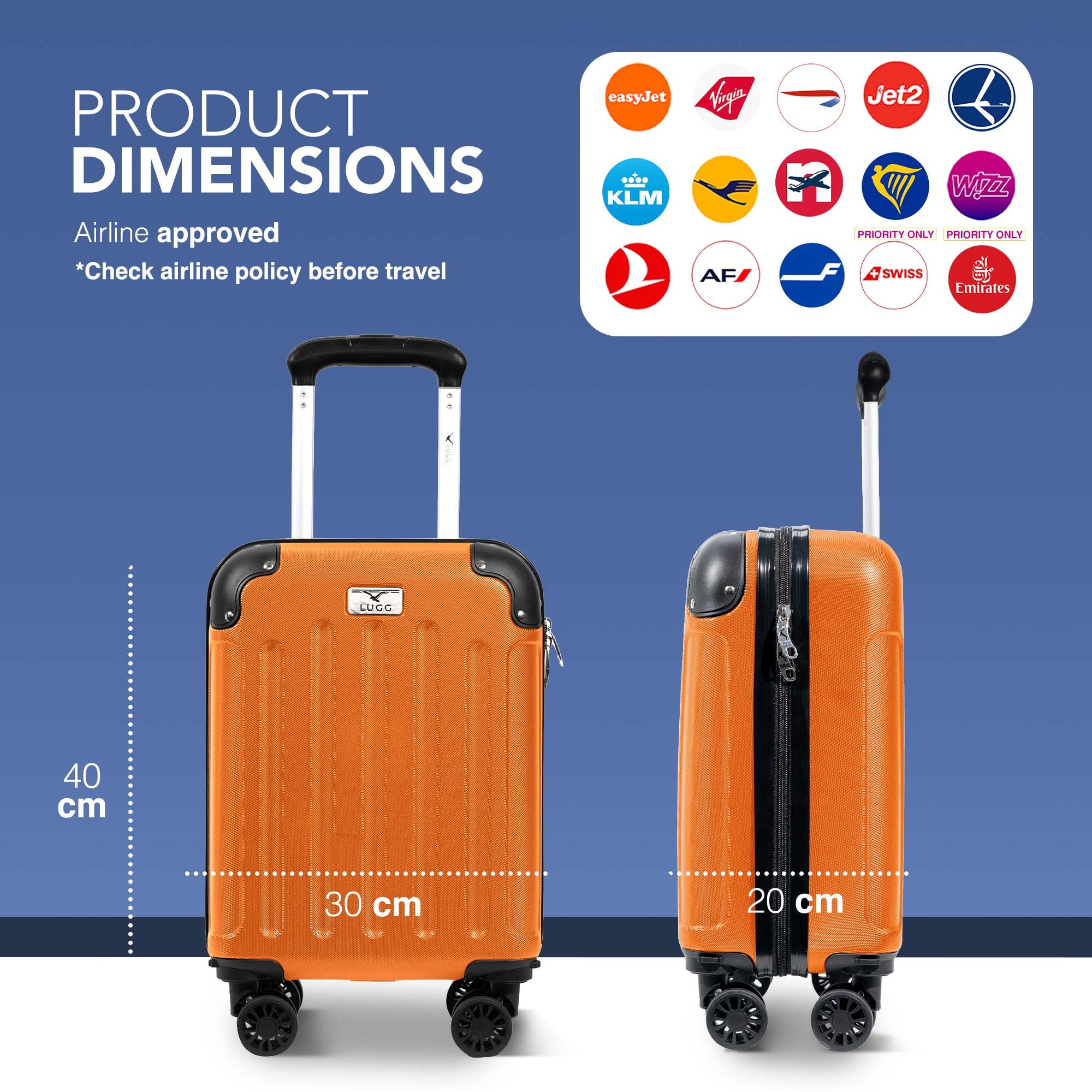 LUGG 40cm Skywander Lightweight Underseat Cabin Bag – Ryanair & EasyJet Approved Carry-On Suitcase, Durable ABS Hard Shell, Smooth Double Spinner Wheels, Water-Resistant & Compact Luggage (40x30x20cm, without wheels) - Orange