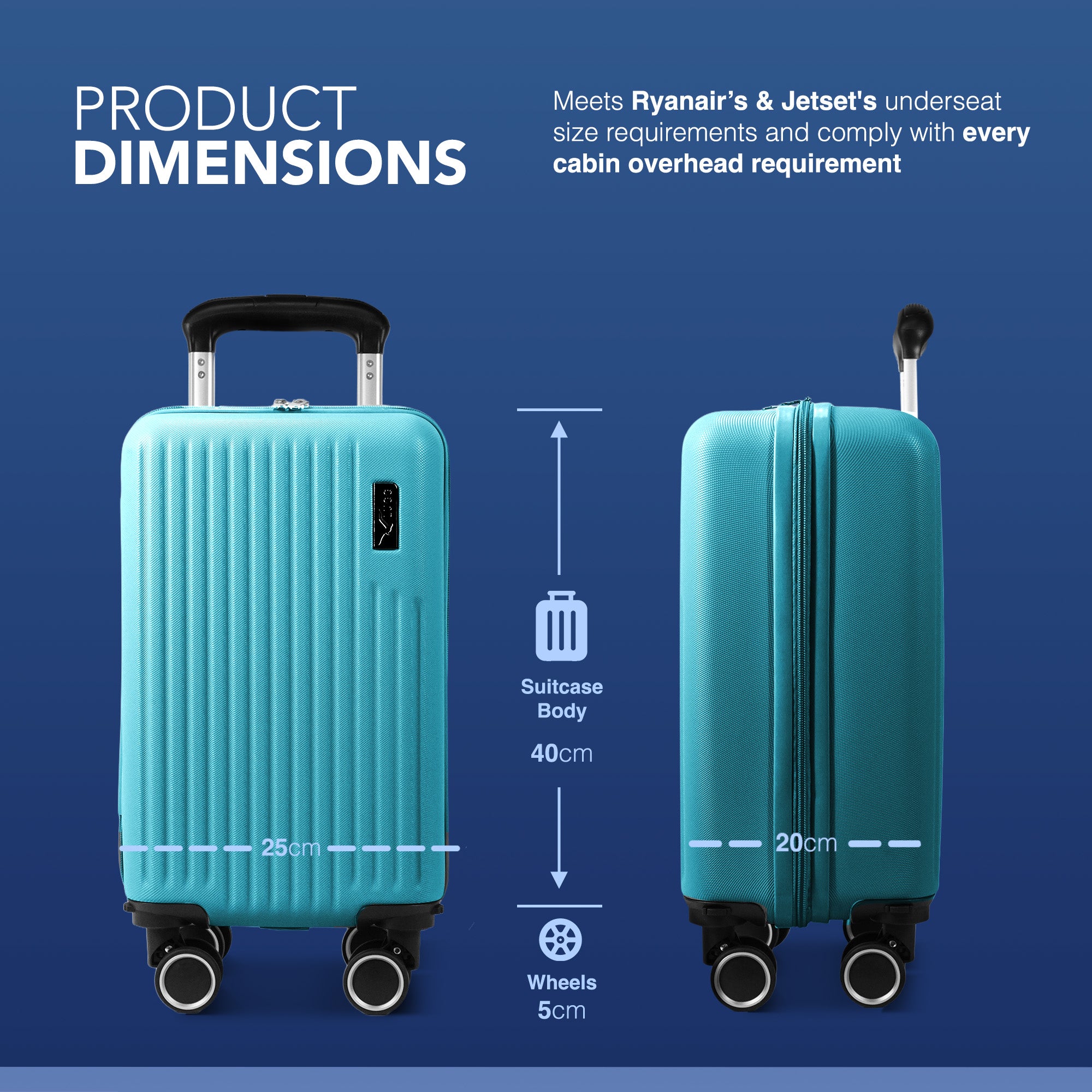 LUGG 40cm Vacay Suitcase ABS Luggage with TSA Indent Lock, Aluminium Trolley Handle, 360° Spinner Wheels, Water-Resistant & Durable Material - Airline Compatible (40 x 20 x 25cm)- Ocean
