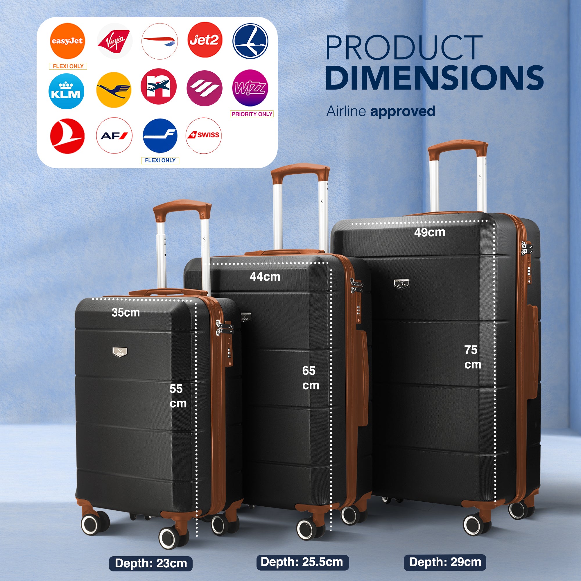 Jetset 3pc Suitcase Set in Black & Brown