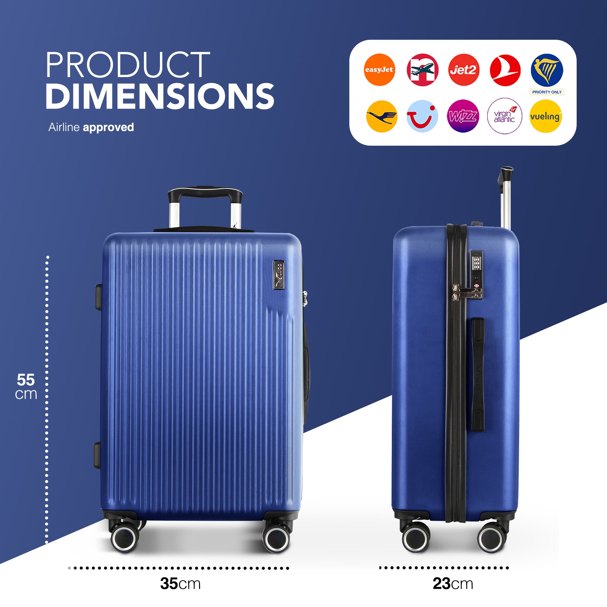 Vacay 20” Suitcase ABS Luggage with TSA Indent Lock, Aluminium Trolley Handle, 360° Spinner Wheels - Airline Compatible (55 x 35 x 23cm) - Dusk