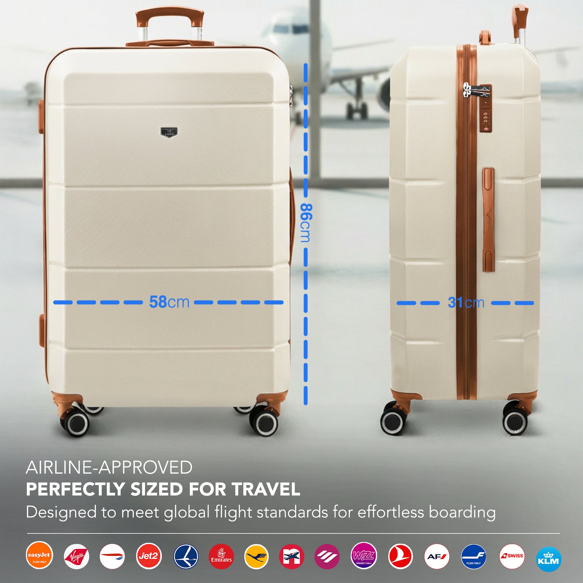 Jetset 32" Large Suitcase – Lightweight Hard Shell Luggage with TSA Lock – Water-Resistant ABS Spinner Suitcase – 4 Wheels – 86x58x31cm Travel Bag - Cream & Brown