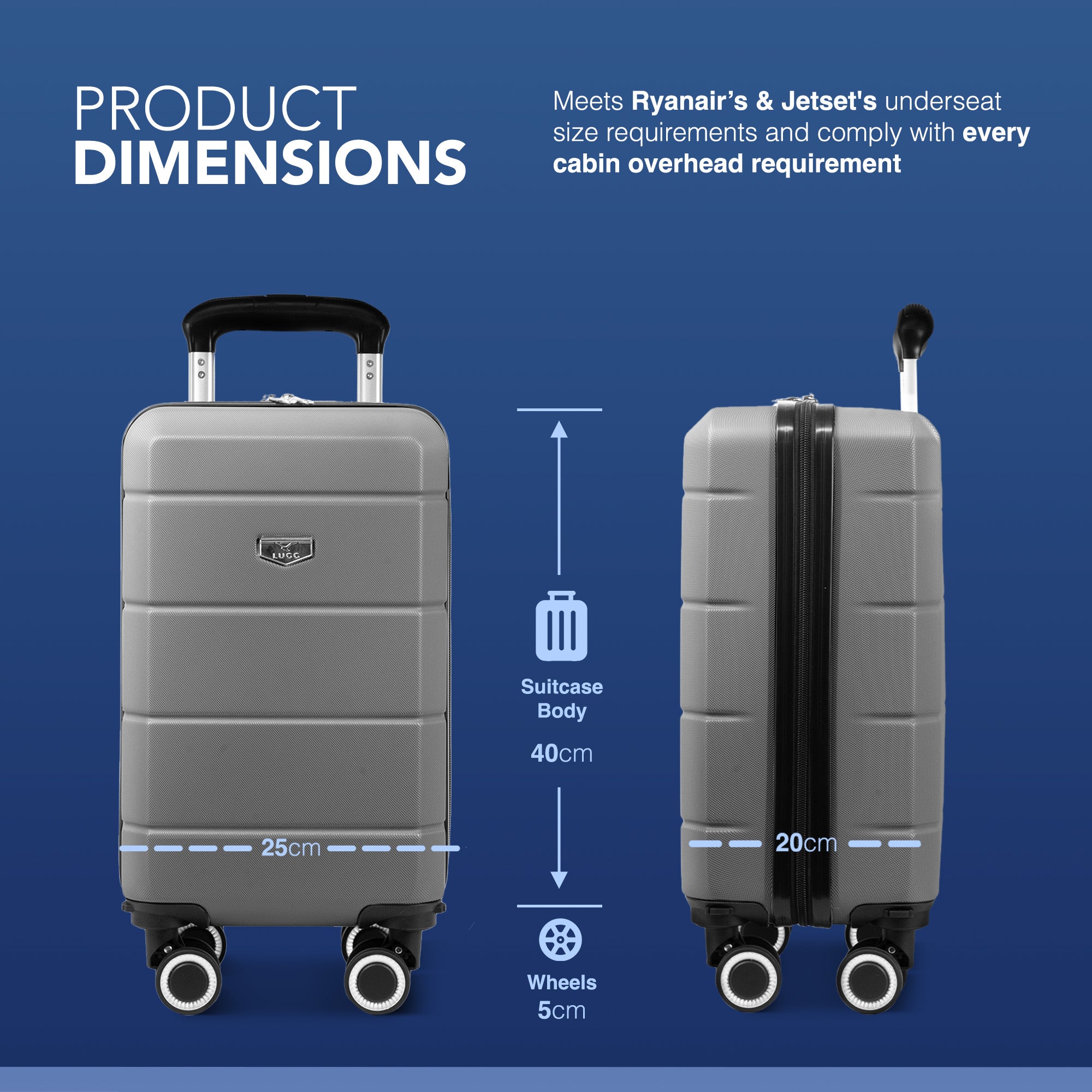 LUGG - Jetset 40cm Suitcase - 40x25x20cm- Ryanair Compatible - TSA Lock - Underseat Size - Hard Shell ABS - Spinner & Removable Wheels - Lightweight Travel Luggage- Gunmetal