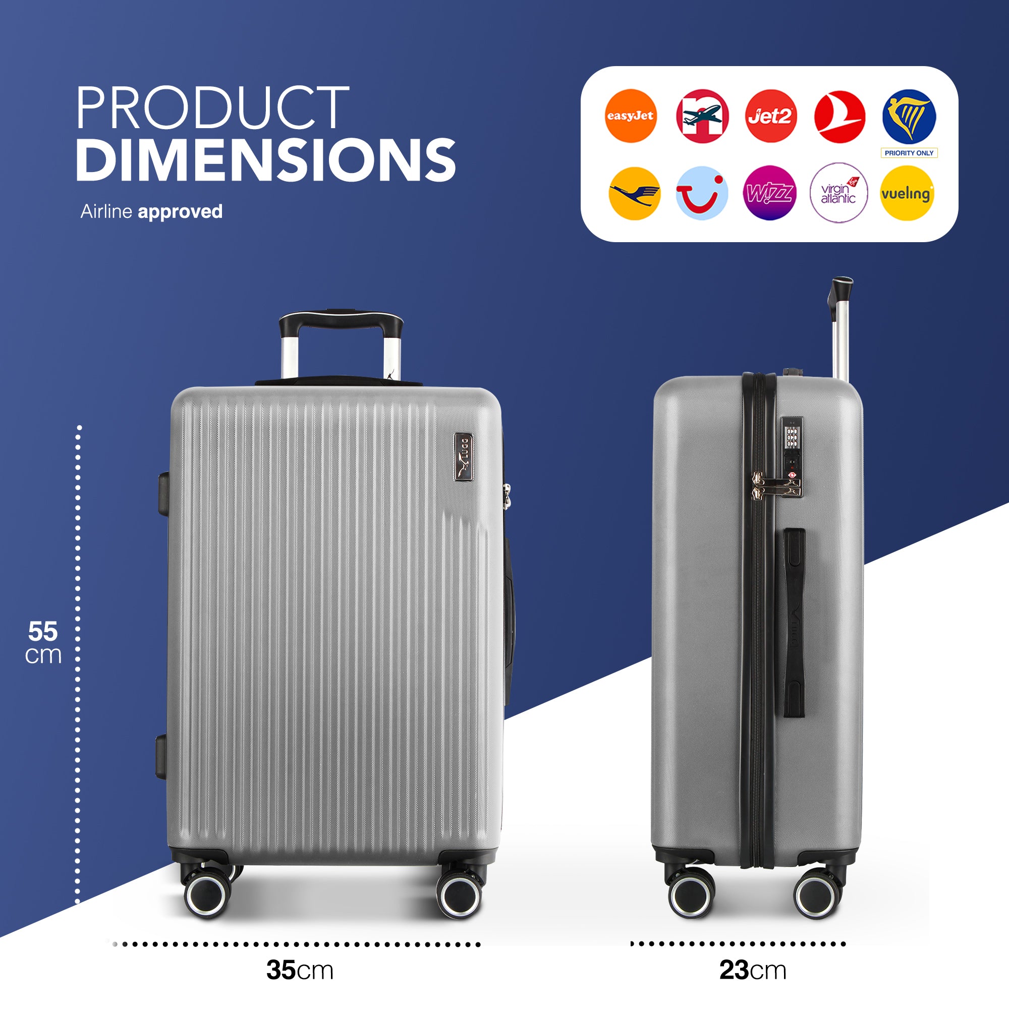 Vacay 20” Suitcase ABS Luggage with TSA Indent Lock, Aluminium Trolley Handle, 360° Spinner Wheels - Airline Compatible (55 x 35 x 23cm) - Raven