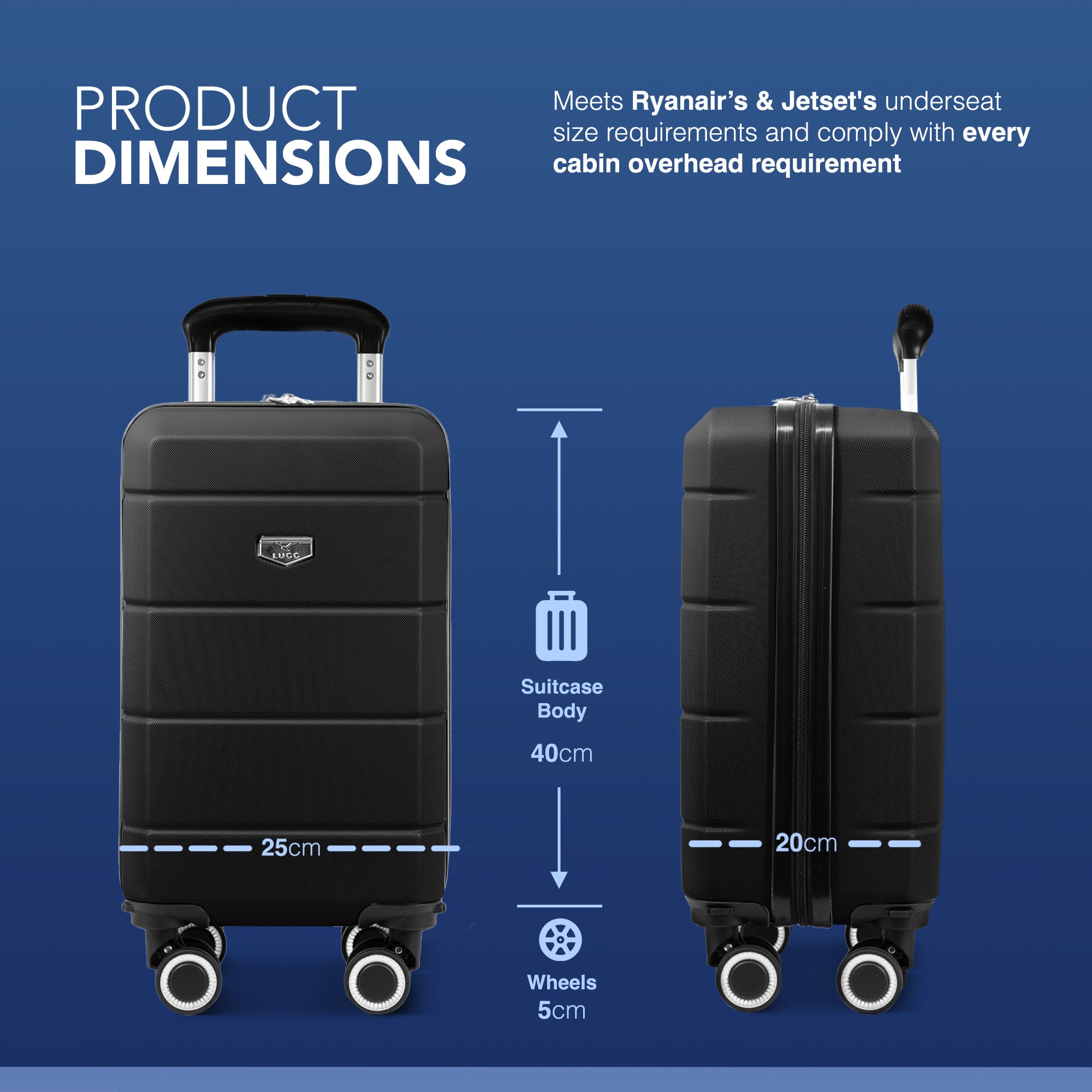 LUGG - Jetset 40cm Suitcase - 40x25x20cm- Ryanair Compatible - TSA Lock - Underseat Size - Hard Shell ABS - Spinner & Removable Wheels - Lightweight Travel Luggage- Black