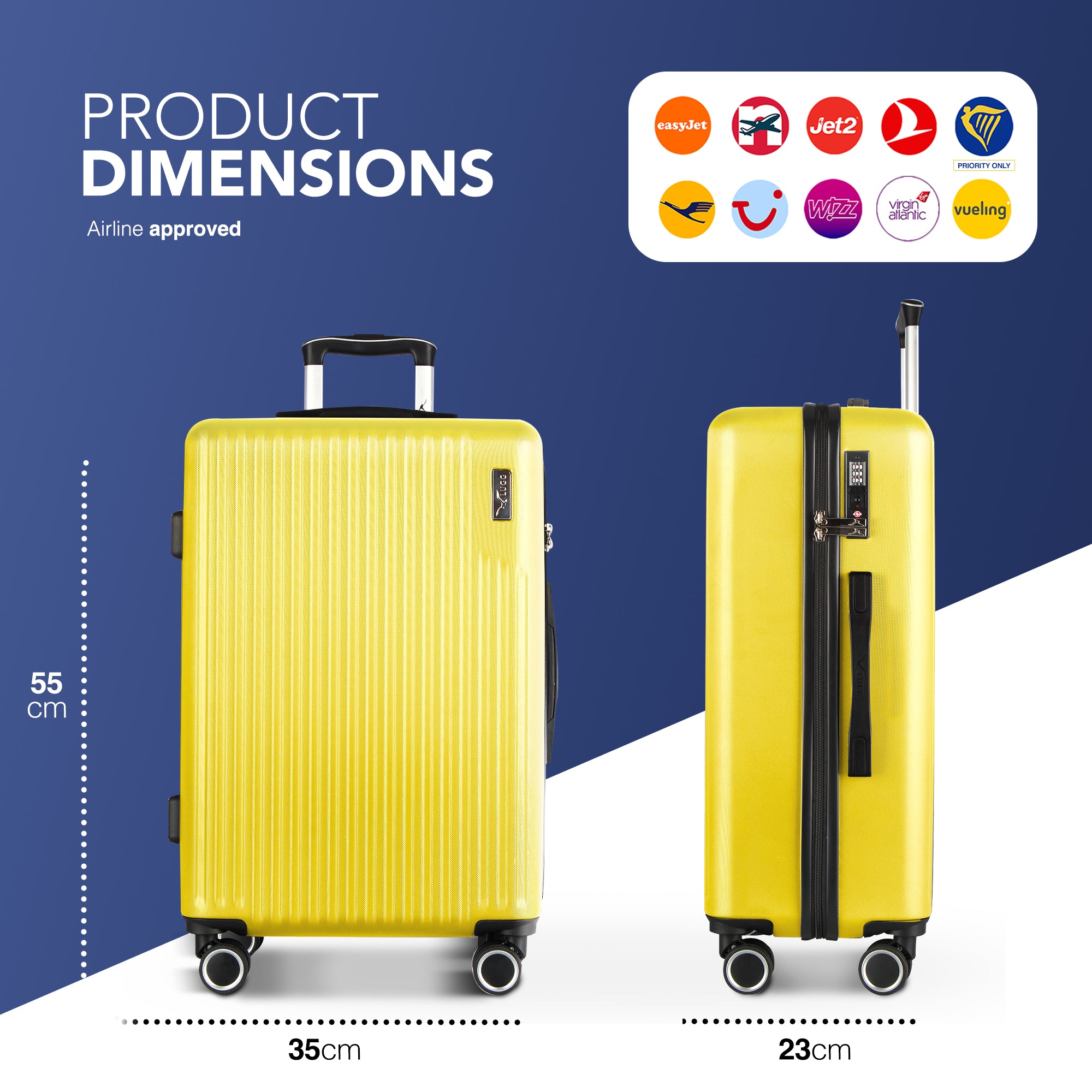 Vacay 20” Suitcase ABS Luggage with TSA Indent Lock, Aluminium Trolley Handle, 360° Spinner Wheels - Airline Compatible (55 x 35 x 23cm) - Citrine (Clearance)