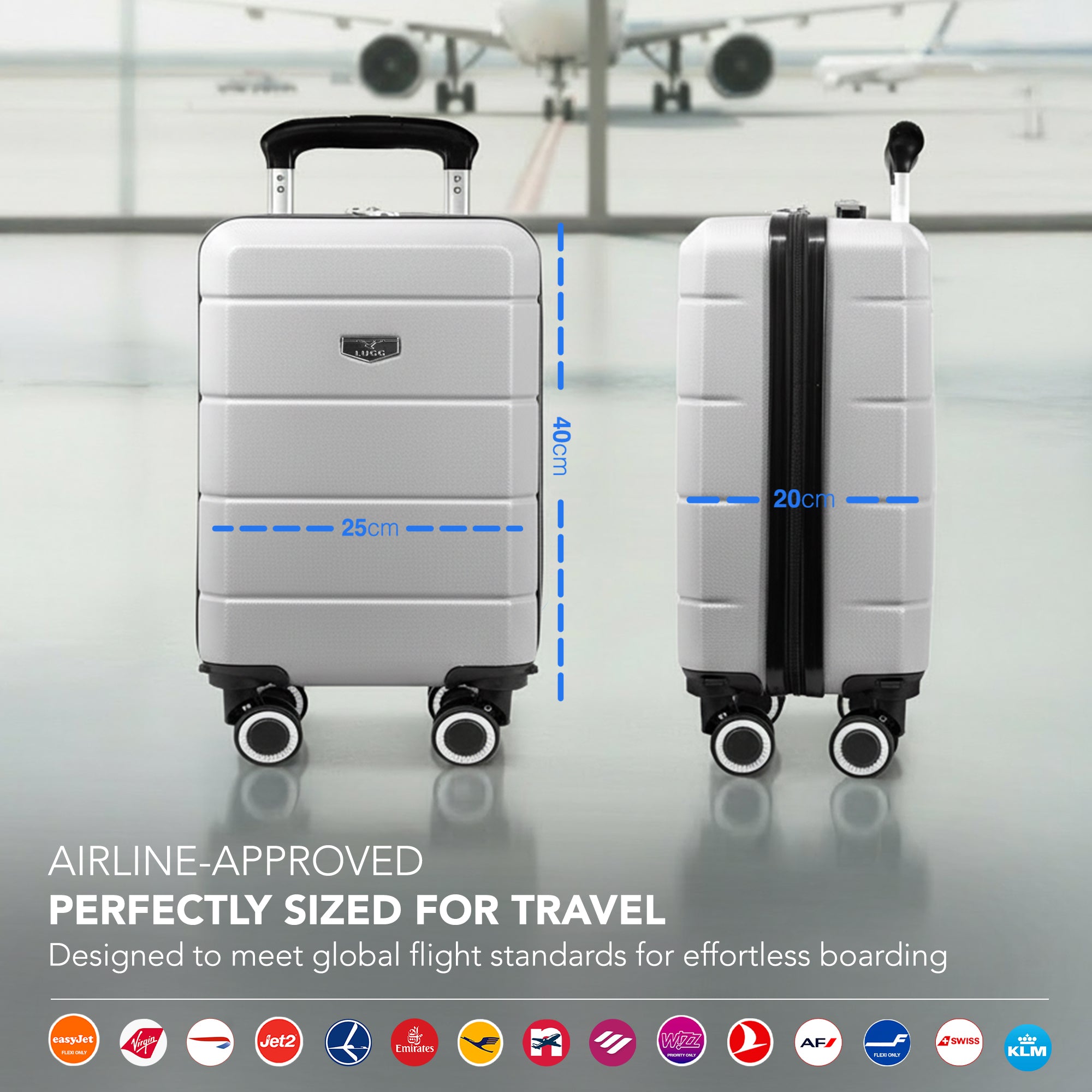 LUGG - Jetset 40cm Suitcase - 40x25x20cm- Ryanair Compatible - Underseat Size - Hard Shell ABS - Spinner & Removable Wheels - Lightweight Travel Luggage- Silver