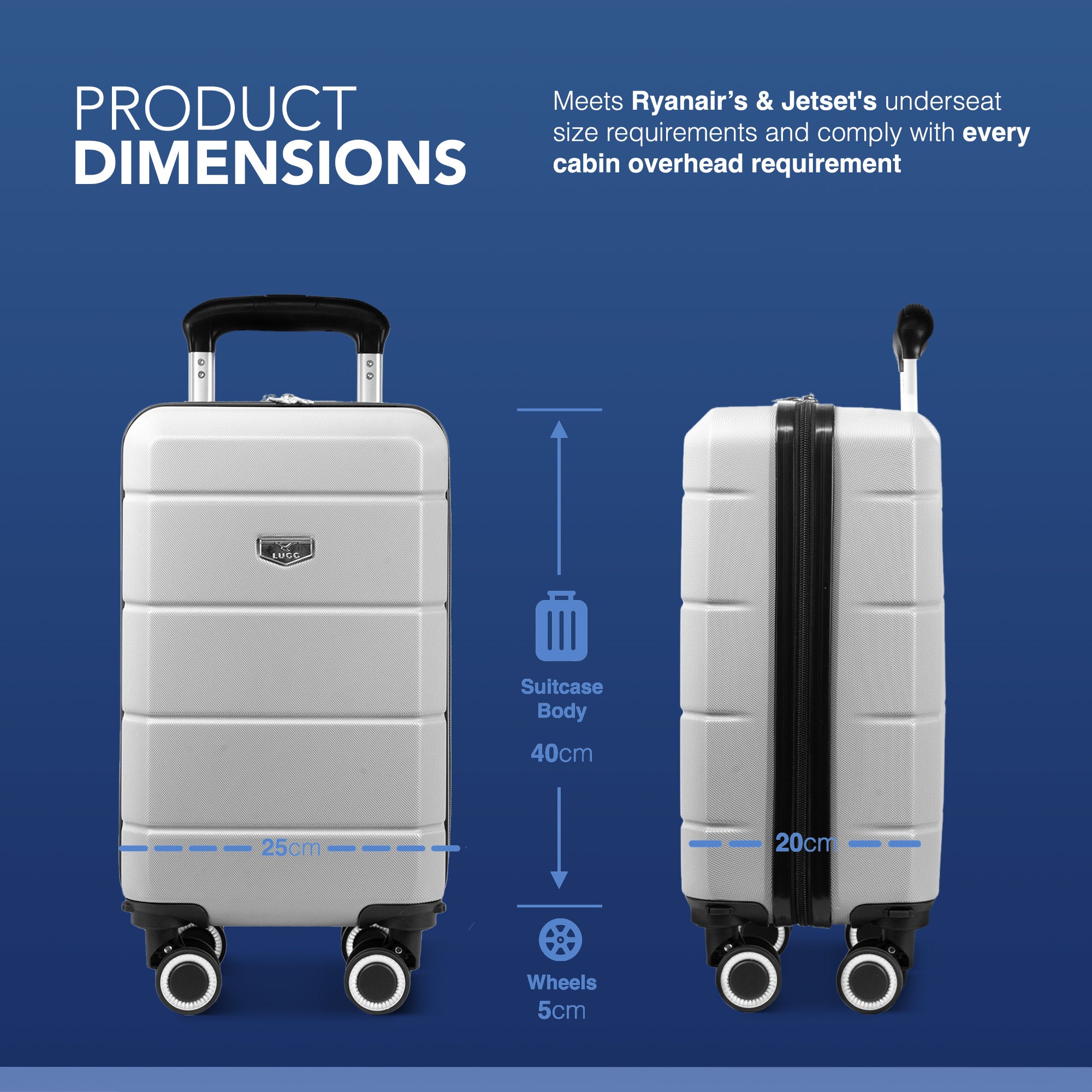 LUGG - Jetset 40cm Suitcase - 40x25x20cm- Ryanair Compatible - TSA Lock - Underseat Size - Hard Shell ABS - Spinner & Removable Wheels - Lightweight Travel Luggage- Silver