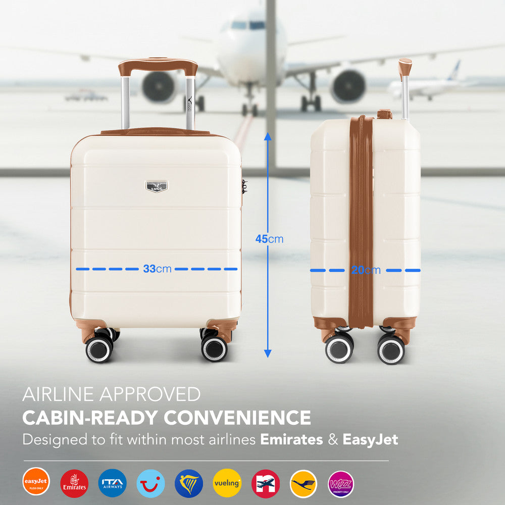 LUGG Jetset 15 Inch ABS Shell Protection Water Resistant & Safe Locking System Easyjet Free Under Seat Luggage (45x33x20cm) - Cream & Brown