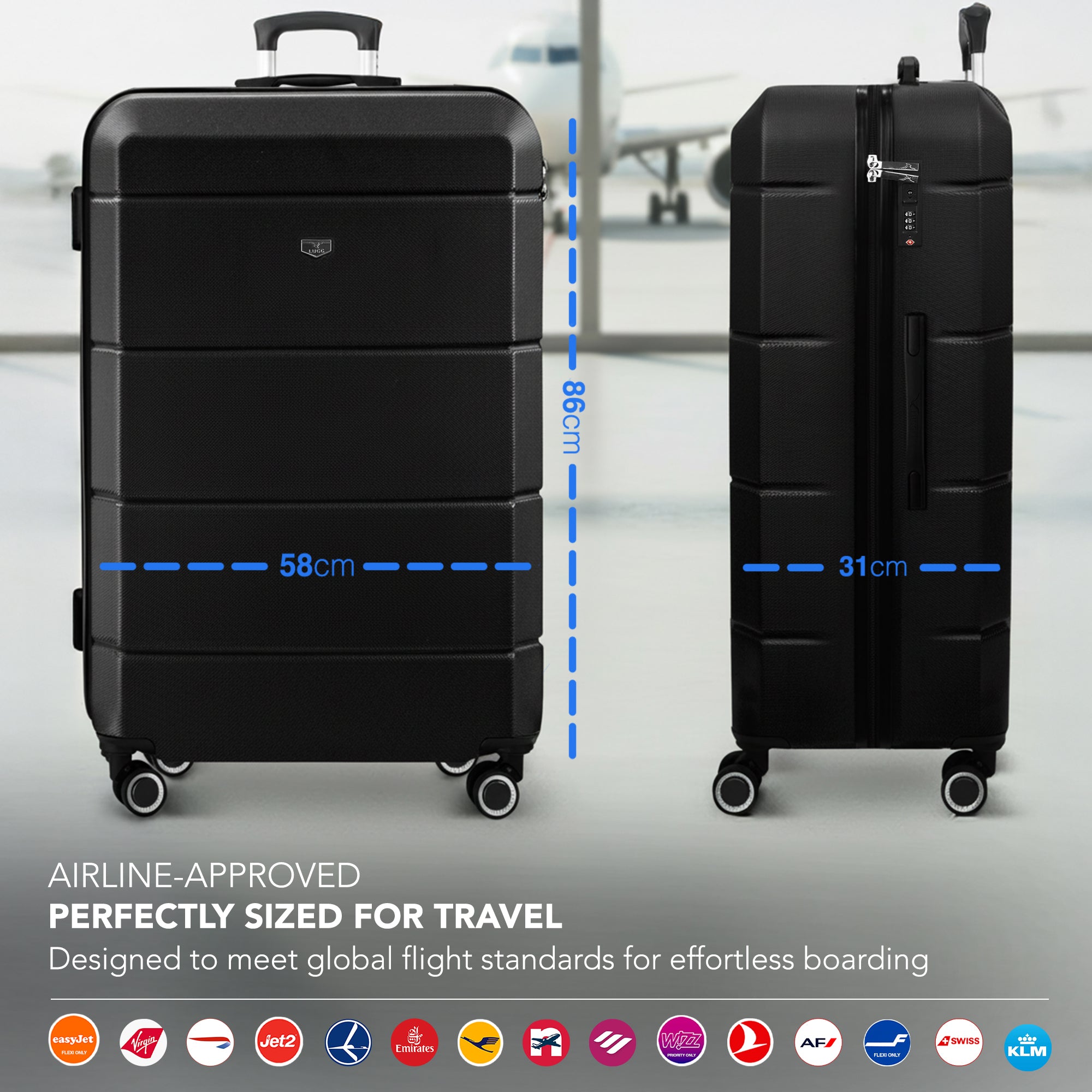 Jetset 32" Large Suitcase – Lightweight Hard Shell Luggage with TSA Lock – Water-Resistant ABS Spinner Suitcase – 4 Wheels – 86x58x31cm Travel Bag - Black