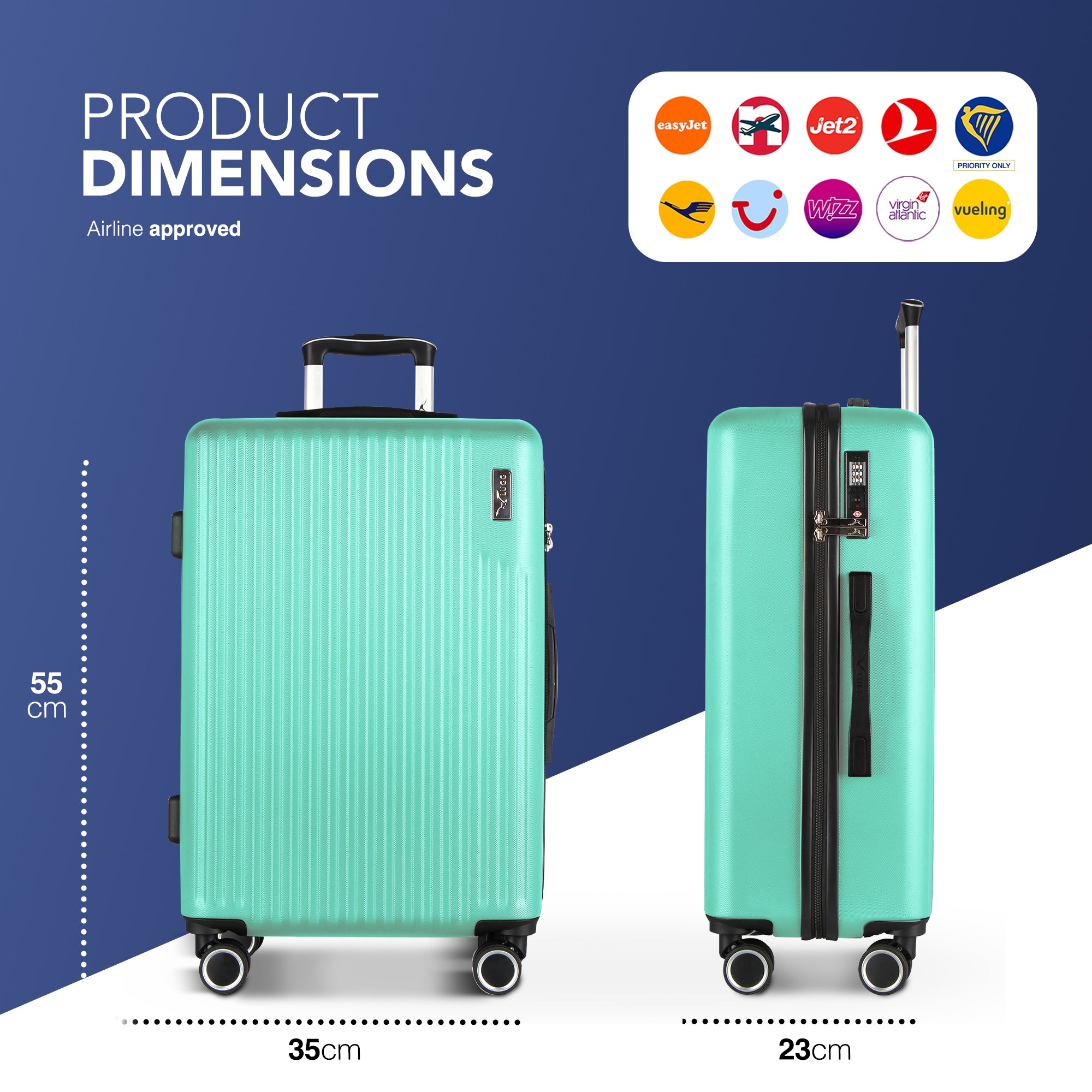 Vacay 20” Suitcase ABS Luggage with TSA Indent Lock, Aluminium Trolley Handle, 360° Spinner Wheels - Airline Compatible (55 x 35 x 23cm) - Mint
