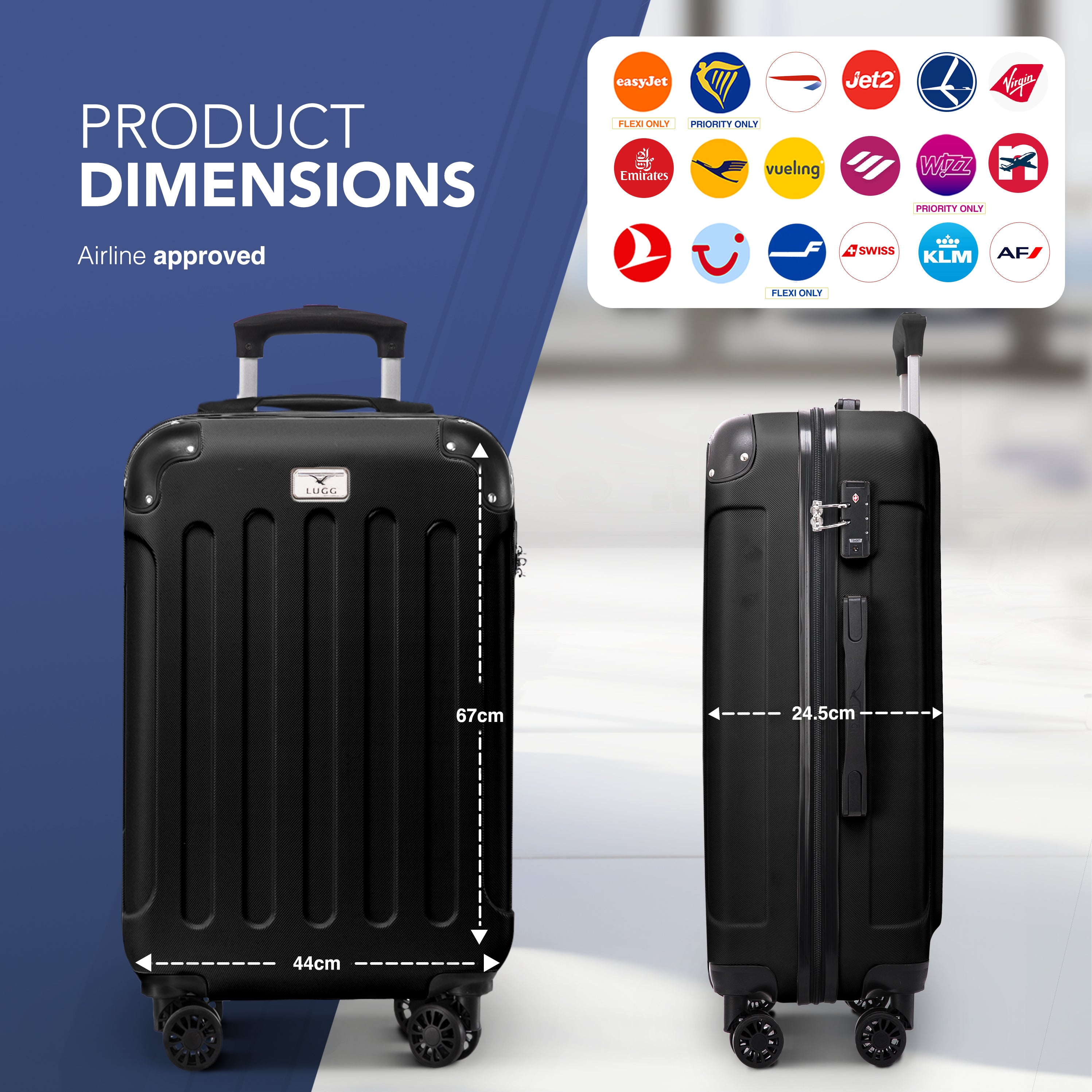 LUGG Skywander 24” Lightweight Underseat Cabin Bag - 67cm x 44cm x 24.5cm – EasyJet Approved Carry-On Suitcase, Durable ABS Hard Shell- Black