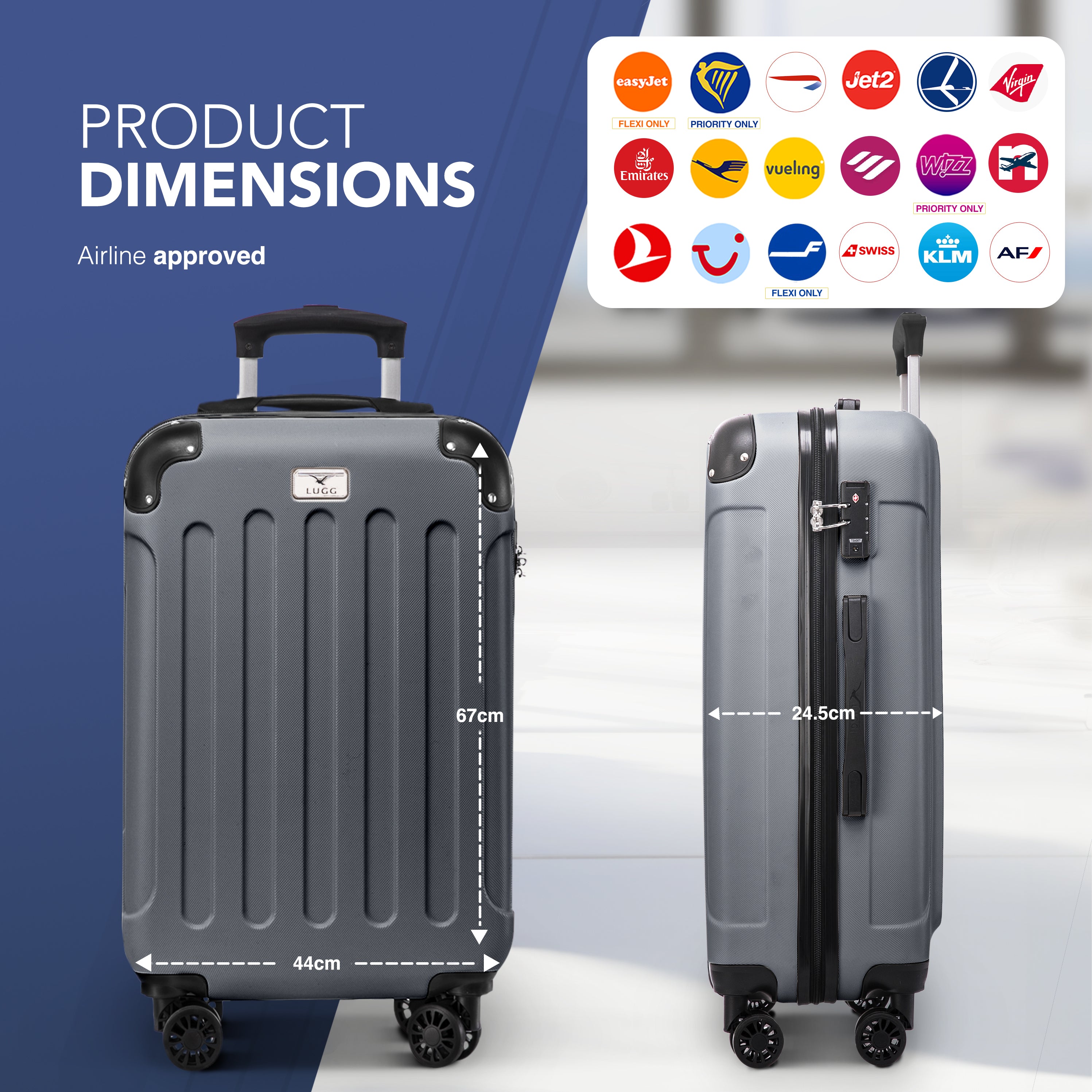 LUGG Skywander 24” Lightweight Underseat Cabin Bag - 67cm x 44cm x 24.5cm – EasyJet Approved Carry-On Suitcase, Durable ABS Hard Shell- Silver