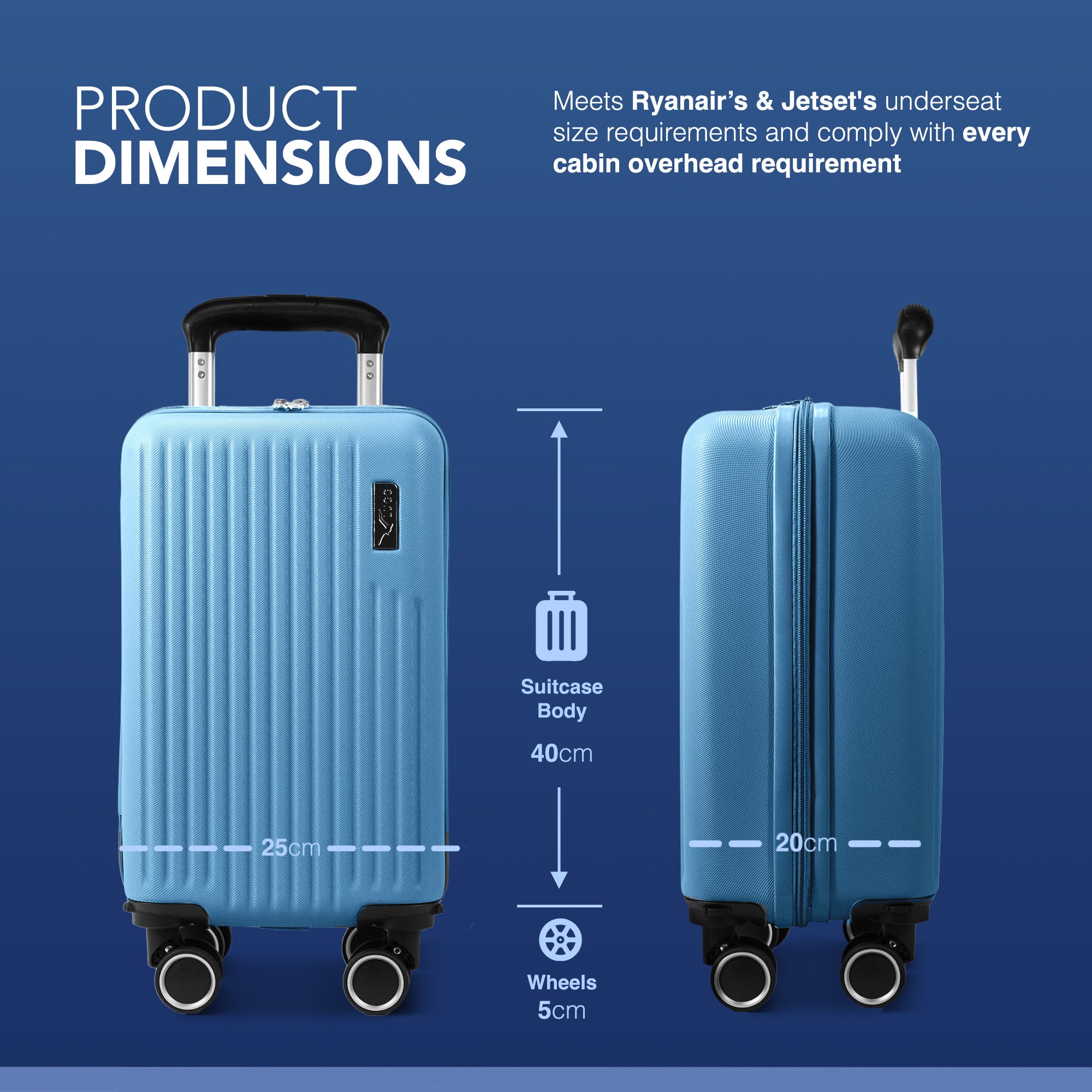 LUGG 40cm Vacay Suitcase ABS Luggage with TSA Indent Lock, Aluminium Trolley Handle, 360° Spinner Wheels, Water-Resistant & Durable Material - Airline Compatible (40 x 20 x 25cm)- Skyblue
