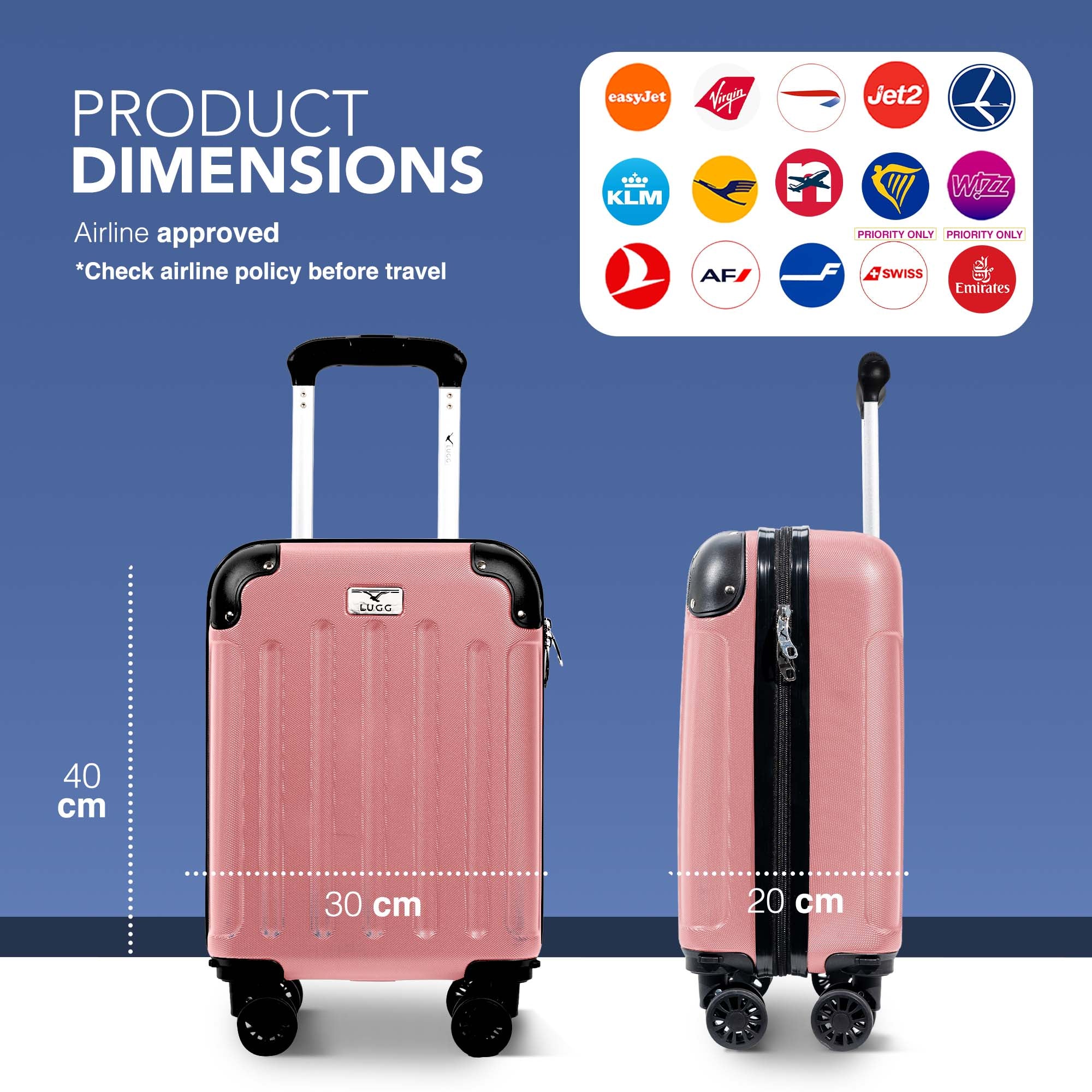 LUGG 40cm Skywander Lightweight Underseat Cabin Bag – Ryanair & EasyJet Approved Carry-On Suitcase, Durable ABS Hard Shell, Smooth Double Spinner Wheels, Water-Resistant & Compact Luggage (40x30x20cm, without wheels) - Rose Gold