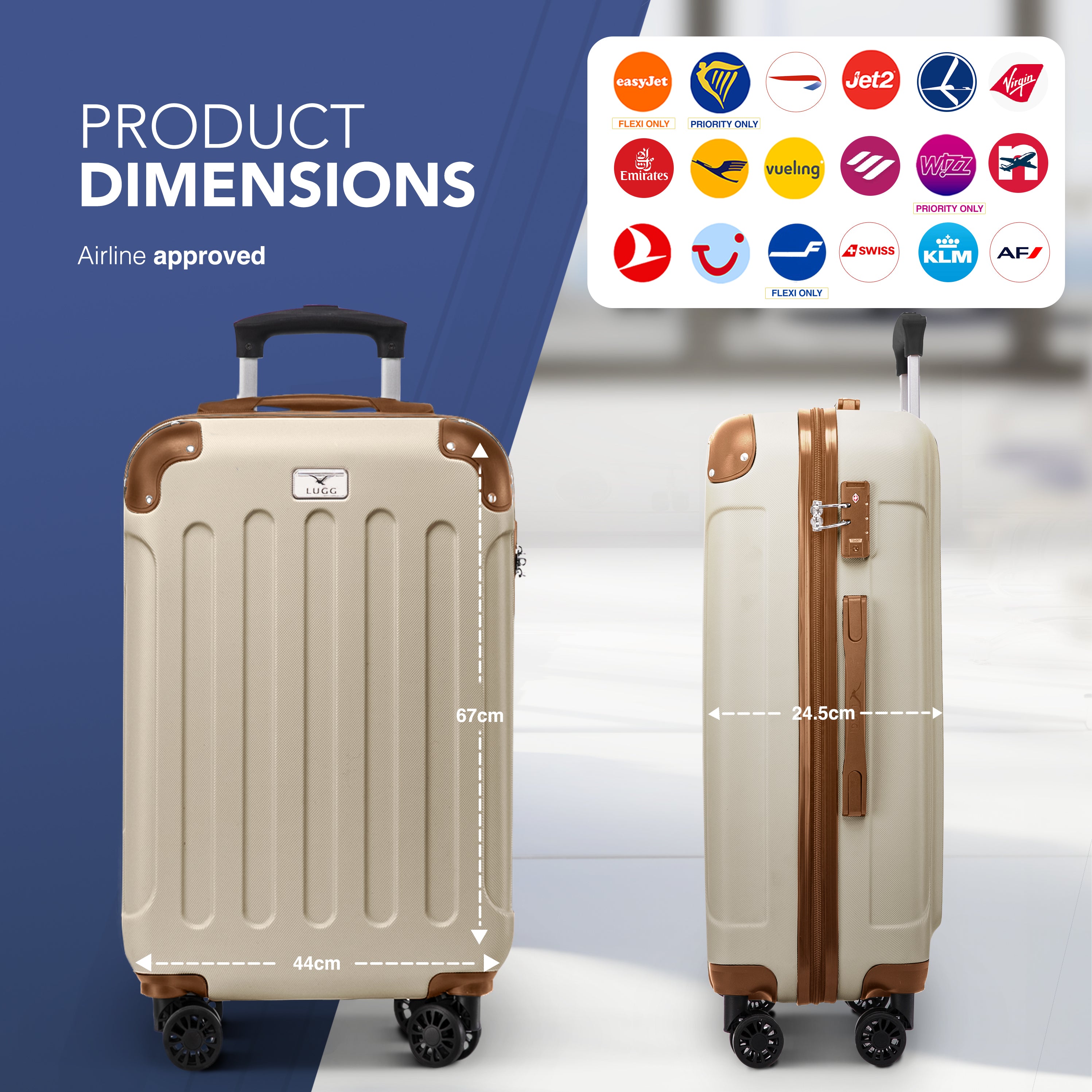 LUGG Skywander 24” Lightweight Underseat Cabin Bag - 67cm x 44cm x 24.5cm – EasyJet Approved Carry-On Suitcase, Durable ABS Hard Shell- Cream & Brown