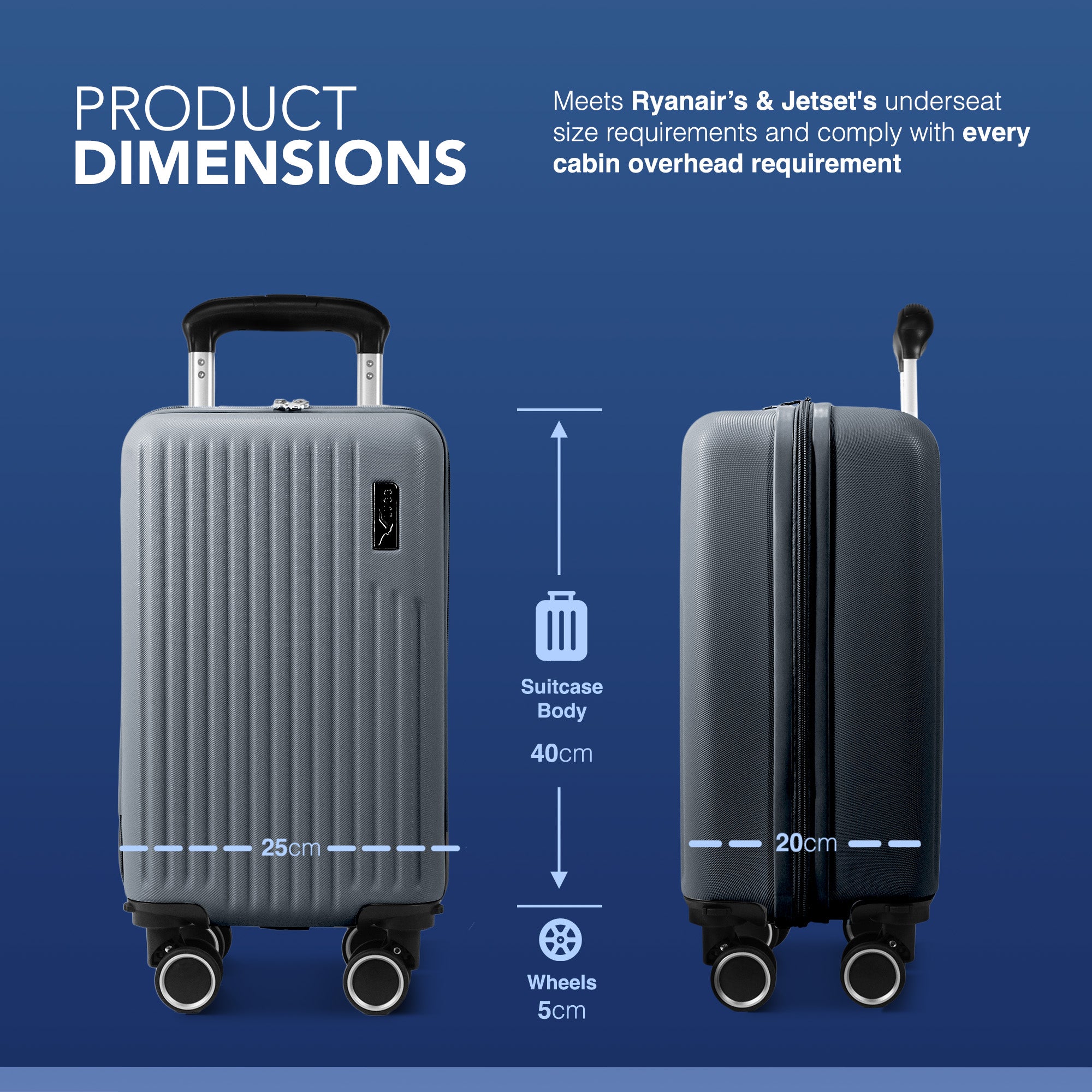 LUGG 40cm Vacay Suitcase ABS Luggage with TSA Indent Lock, Aluminium Trolley Handle, 360° Spinner Wheels, Water-Resistant & Durable Material - Airline Compatible (40 x 20 x 25cm)- Raven