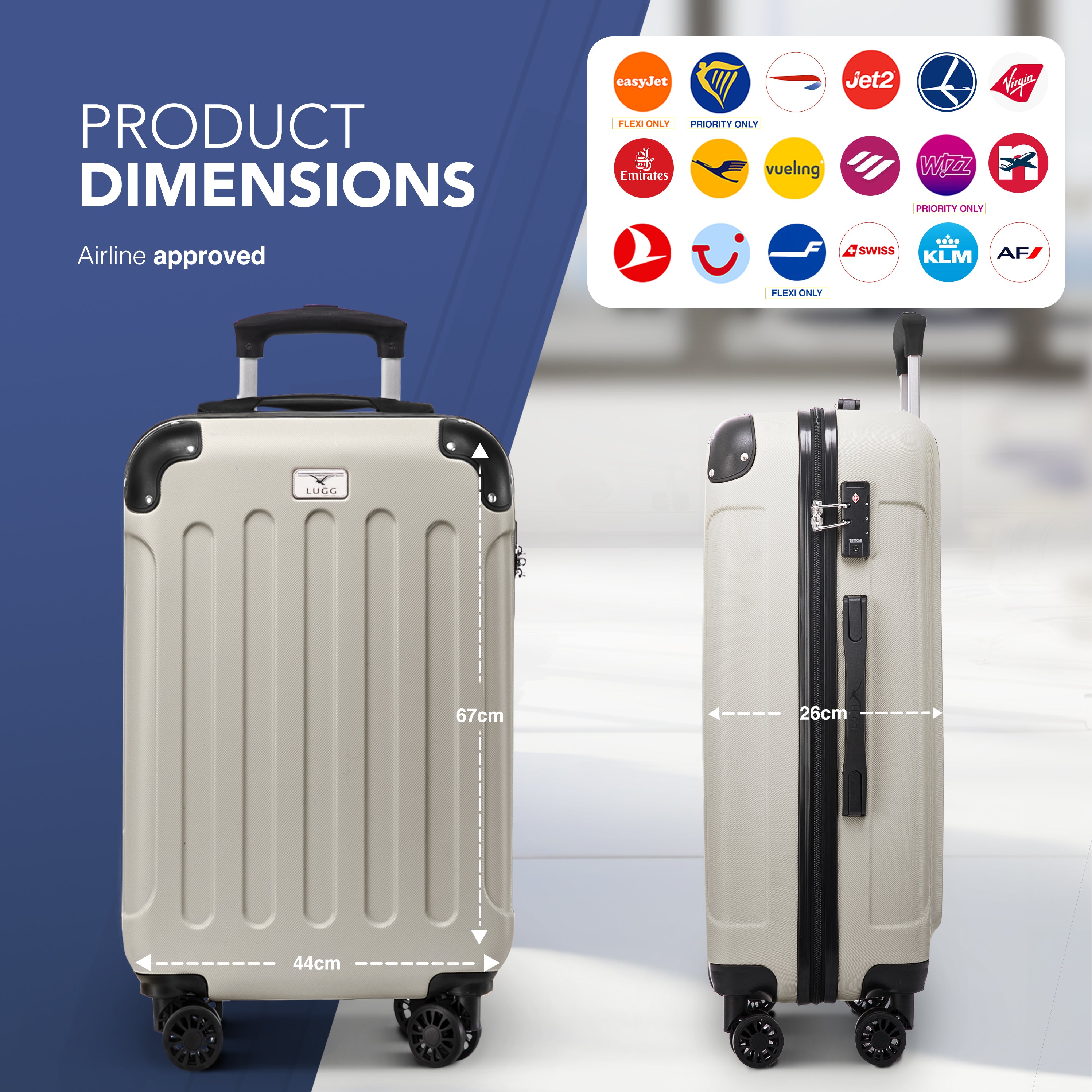 LUGG Skywander 24” Lightweight Underseat Cabin Bag - 67cm x 44cm x 26cm – EasyJet Approved Carry-On Suitcase, Durable ABS Hard Shell- Beige