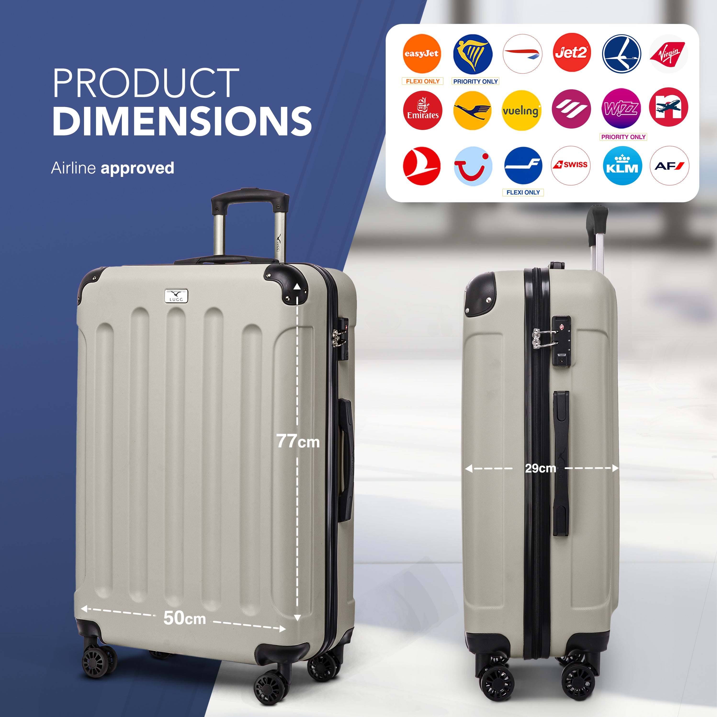 LUGG Skywander 28” Lightweight Luggage - 77cm x 50cm x 29cm - Strong & Lightweight with Secure TSA Lock, Smooth 360° Wheels & Resilient Handle- Beige