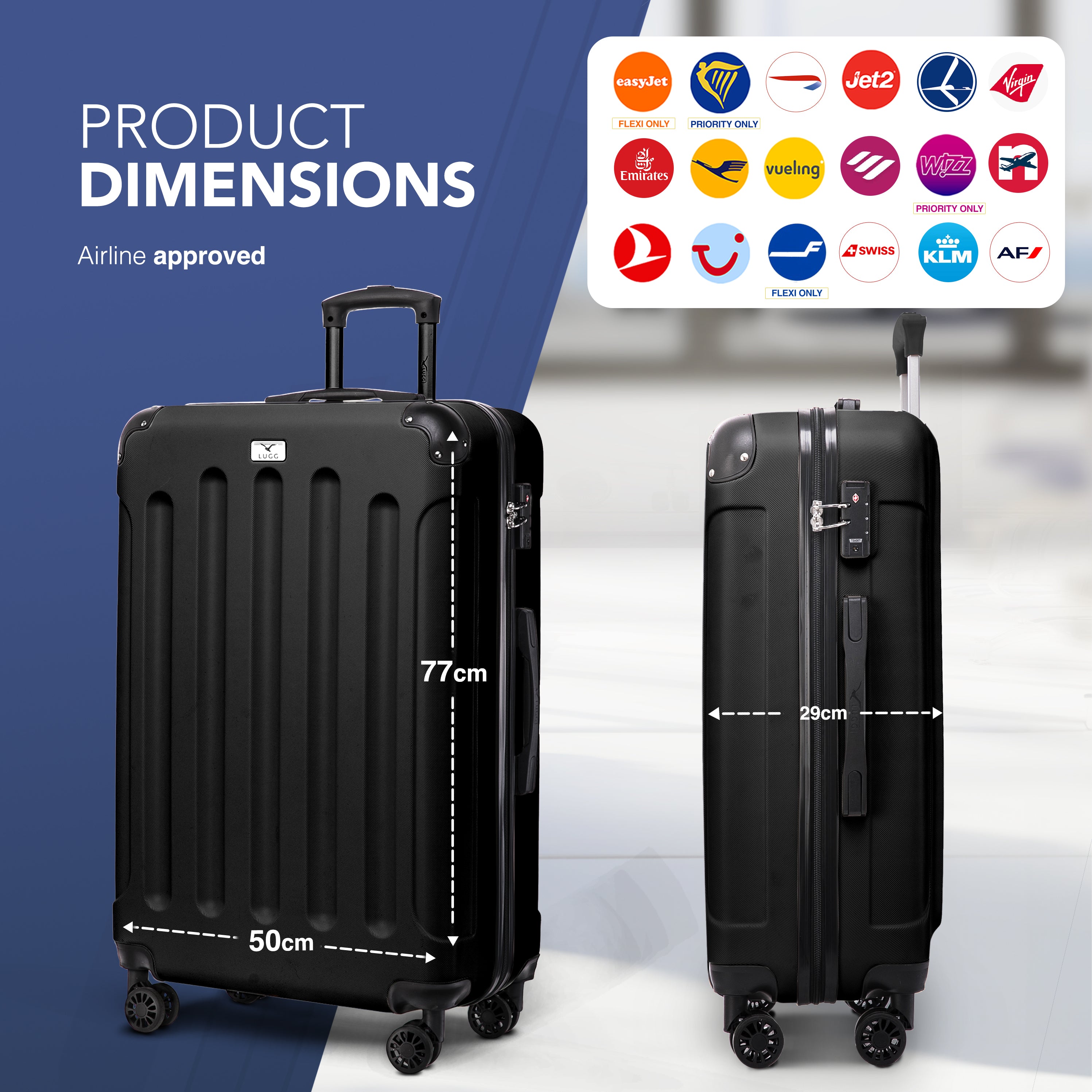 LUGG Skywander 28” Lightweight Luggage - 77cm x 50cm x 29cm - Strong & Lightweight with Secure TSA Lock, Smooth 360° Wheels & Resilient Handle- Black