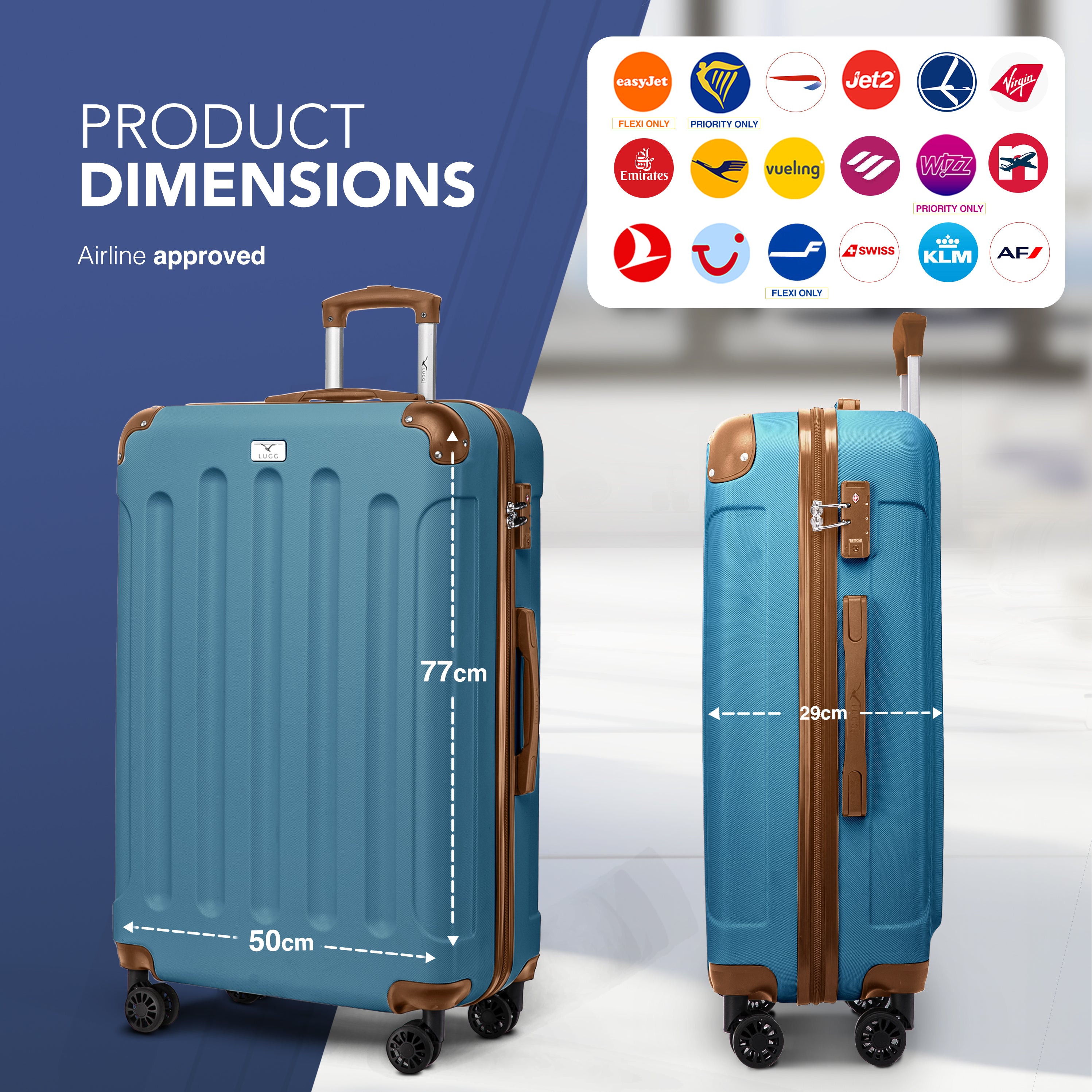 LUGG Skywander 28” Lightweight Luggage - 77cm x 50cm x 29cm - Strong & Lightweight with Secure TSA Lock, Smooth 360° Wheels & Resilient Handle- Blue & Brown