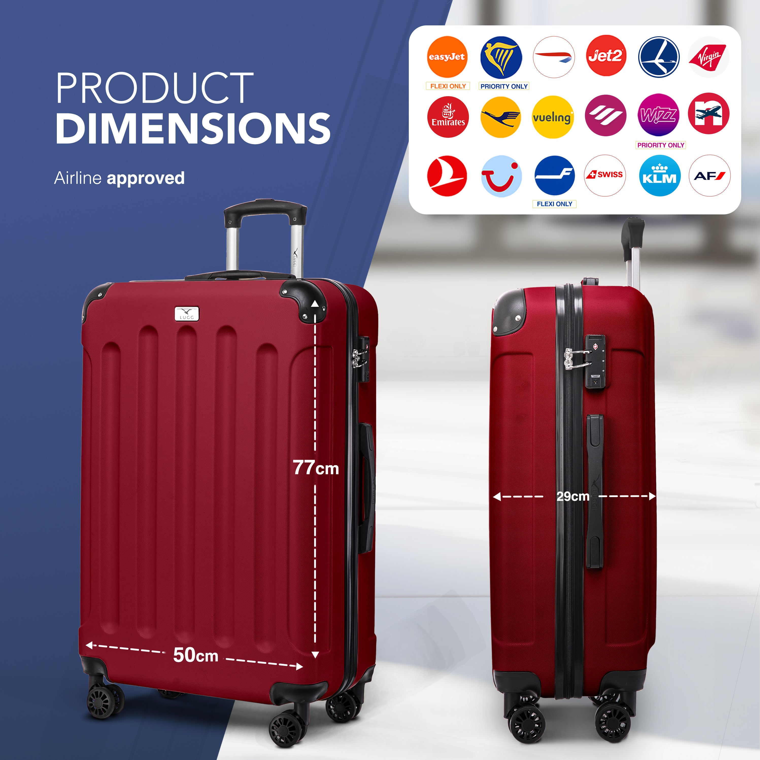 LUGG Skywander 28” Lightweight Luggage - 77cm x 50cm x 29cm - Strong & Lightweight with Secure TSA Lock, Smooth 360° Wheels & Resilient Handle- Burgundy