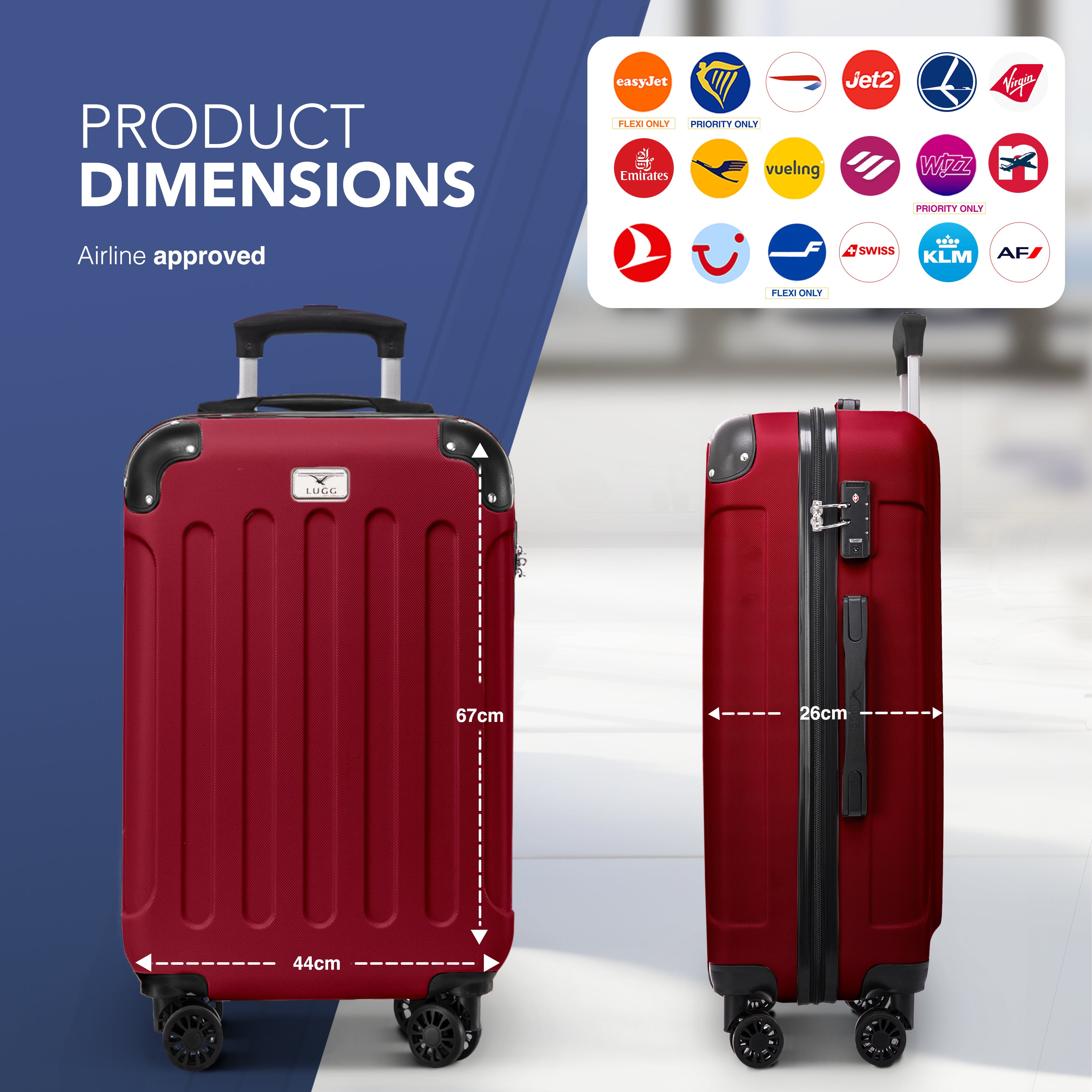 LUGG Skywander 24” Lightweight Underseat Cabin Bag - 67cm x 44cm x 26cm – EasyJet Approved Carry-On Suitcase, Durable ABS Hard Shell- Burgundy