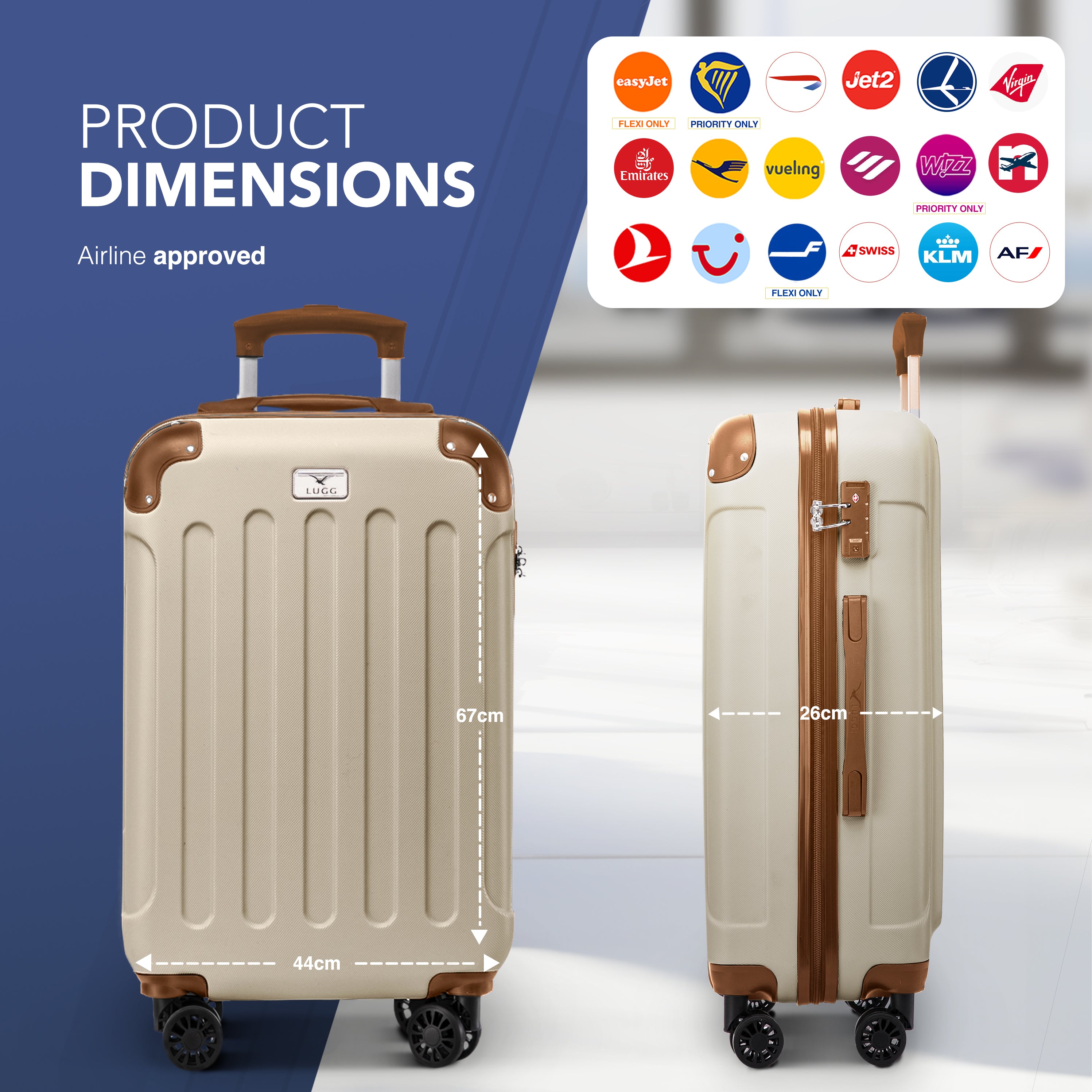 LUGG Skywander 24” Lightweight Underseat Cabin Bag - 67cm x 44cm x 26cm – EasyJet Approved Carry-On Suitcase, Durable ABS Hard Shell- Cream & Brown