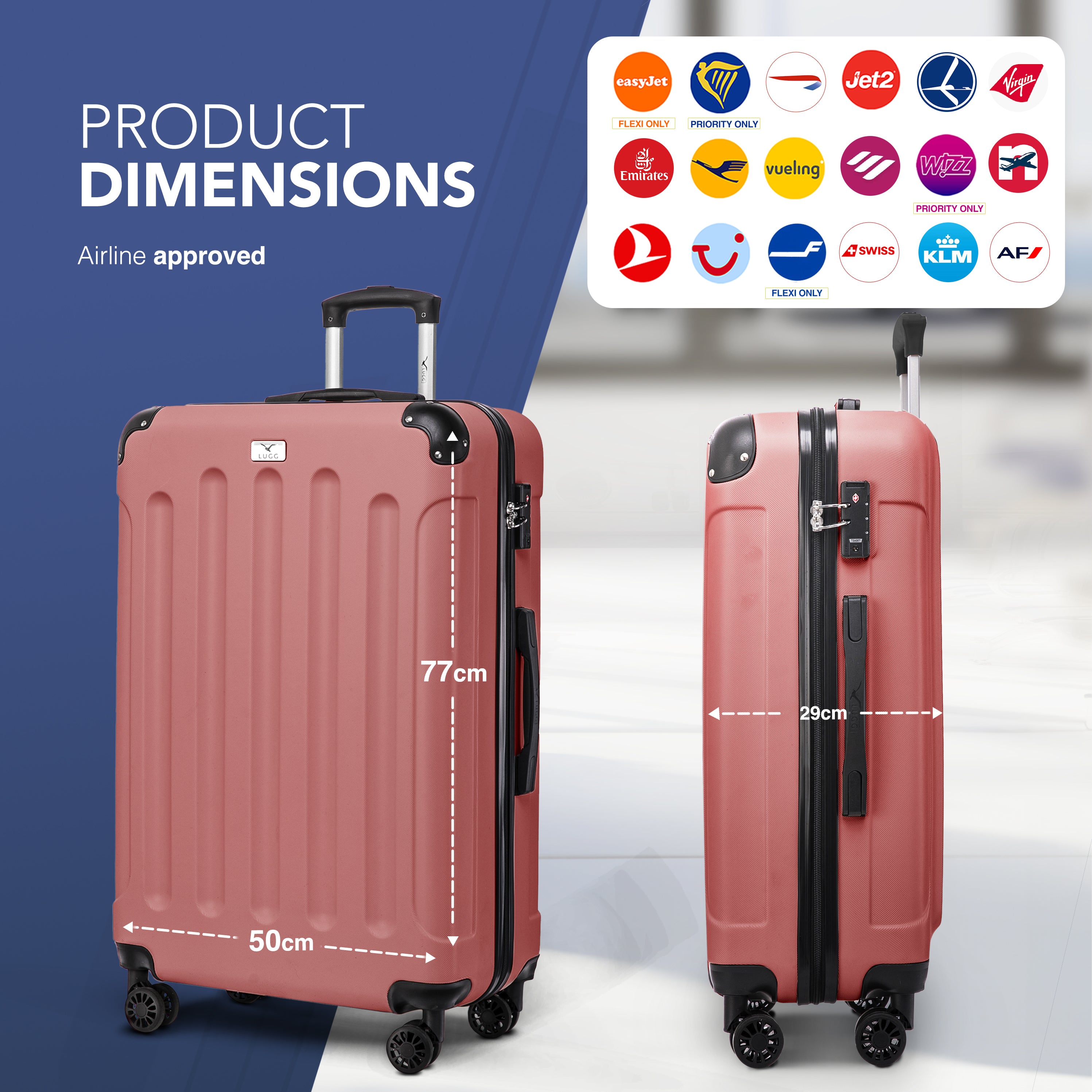 LUGG Skywander 28” Lightweight Luggage - 77cm x 50cm x 29cm - Strong & Lightweight with Secure TSA Lock, Smooth 360° Wheels & Resilient Handle- Rose Gold