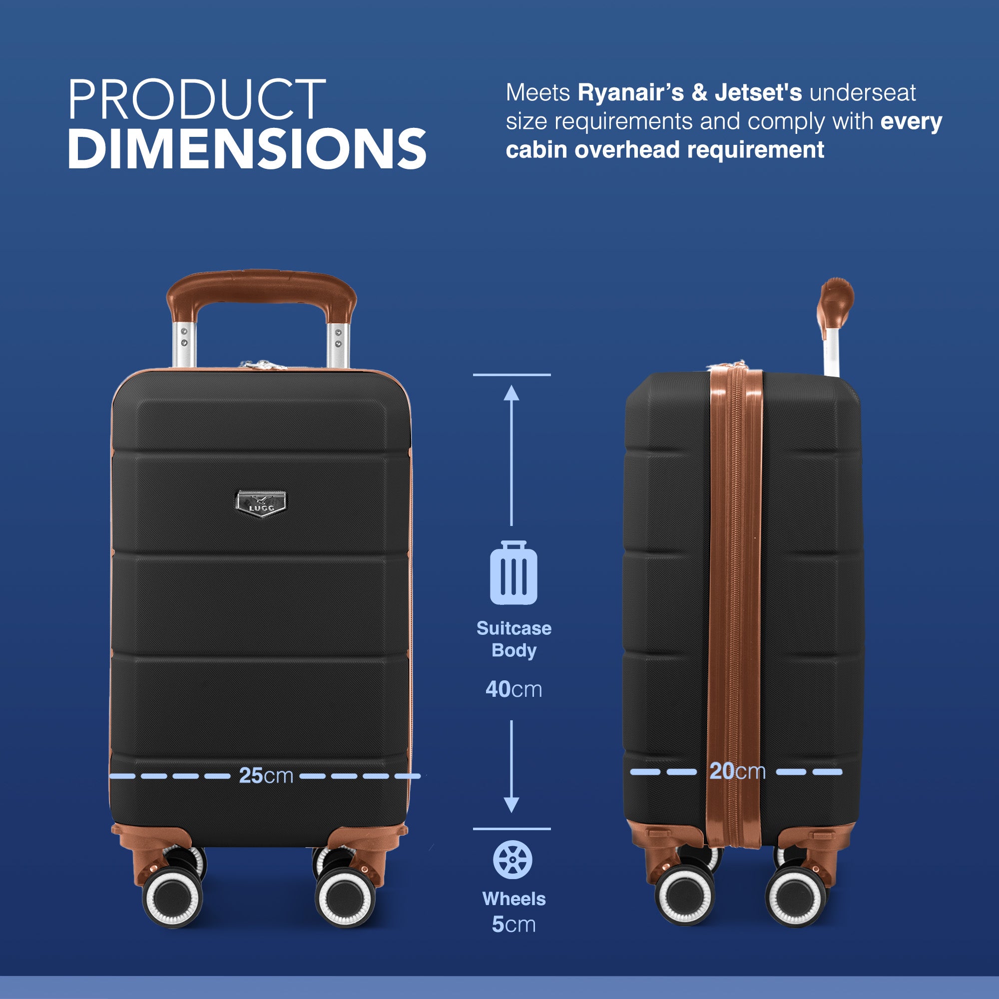 LUGG - Jetset 40cm Suitcase - 40x25x20cm- Ryanair Compatible - TSA Lock - Underseat Size - Hard Shell ABS - Spinner & Removable Wheels - Lightweight Travel Luggage- Black/Brown