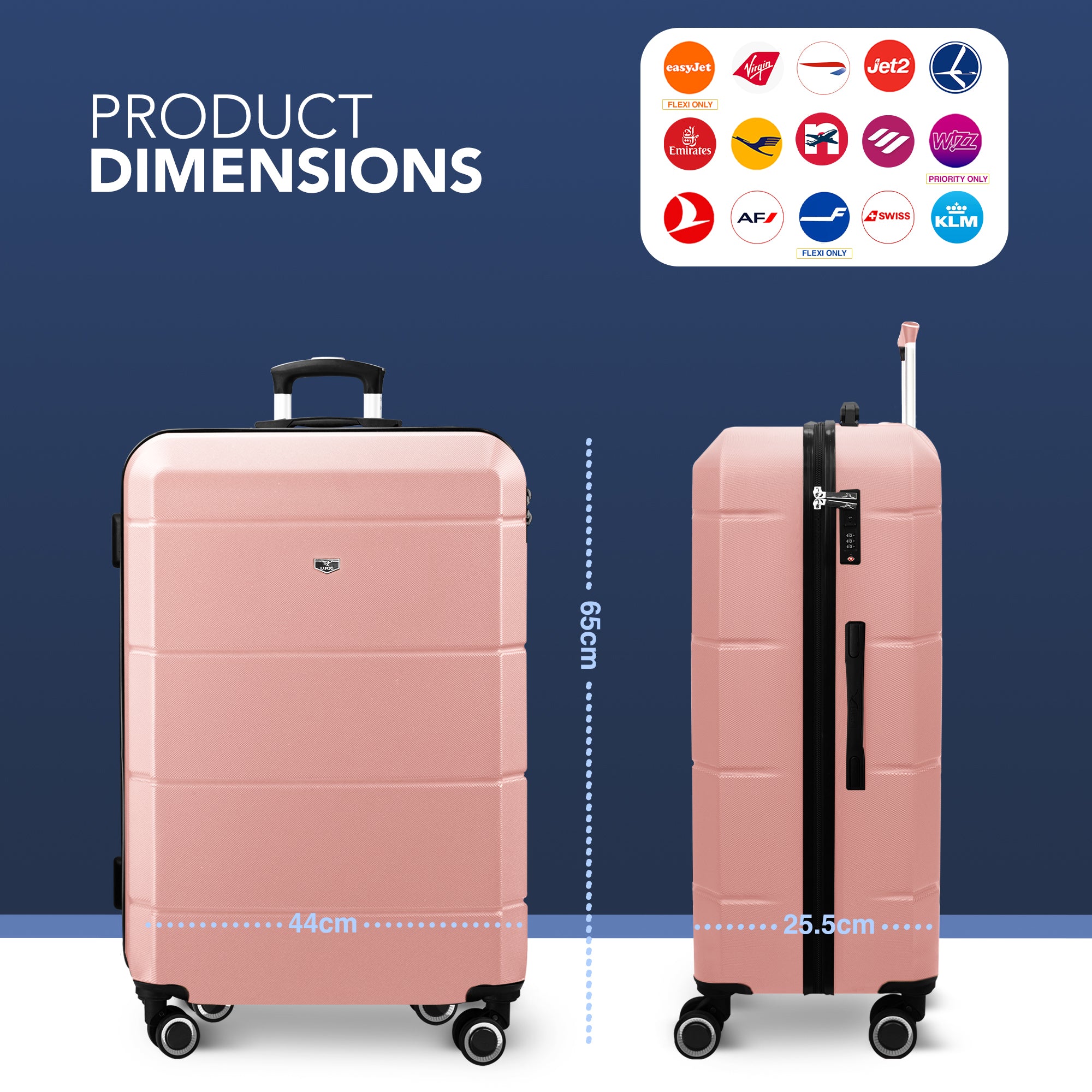 LUGG Jetset 24” Lightweight Travel Carry On Suitcase, ABS, Water Resistant & TSA Lock, Easyjet Overhead- Rose Gold
