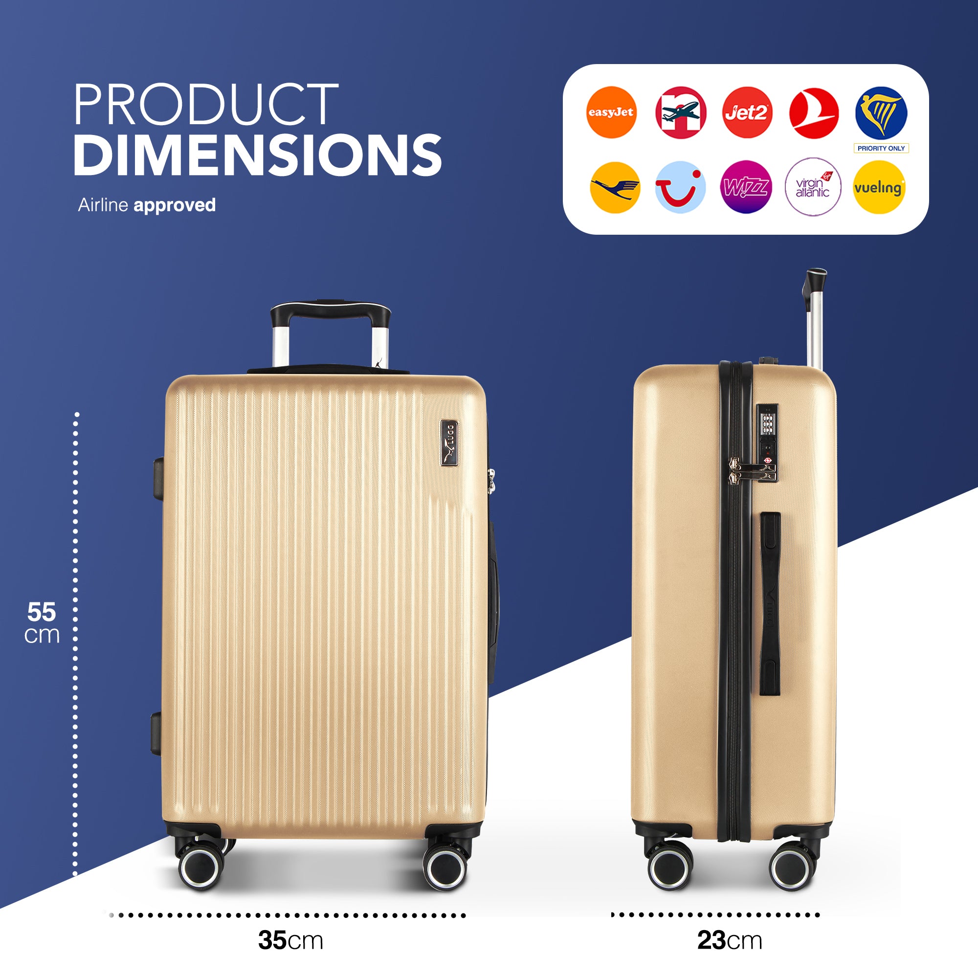 Vacay 20” Suitcase ABS Luggage with TSA Indent Lock, Aluminium Trolley Handle, 360° Spinner Wheels - Airline Compatible (55 x 35 x 23cm) - Sunset
