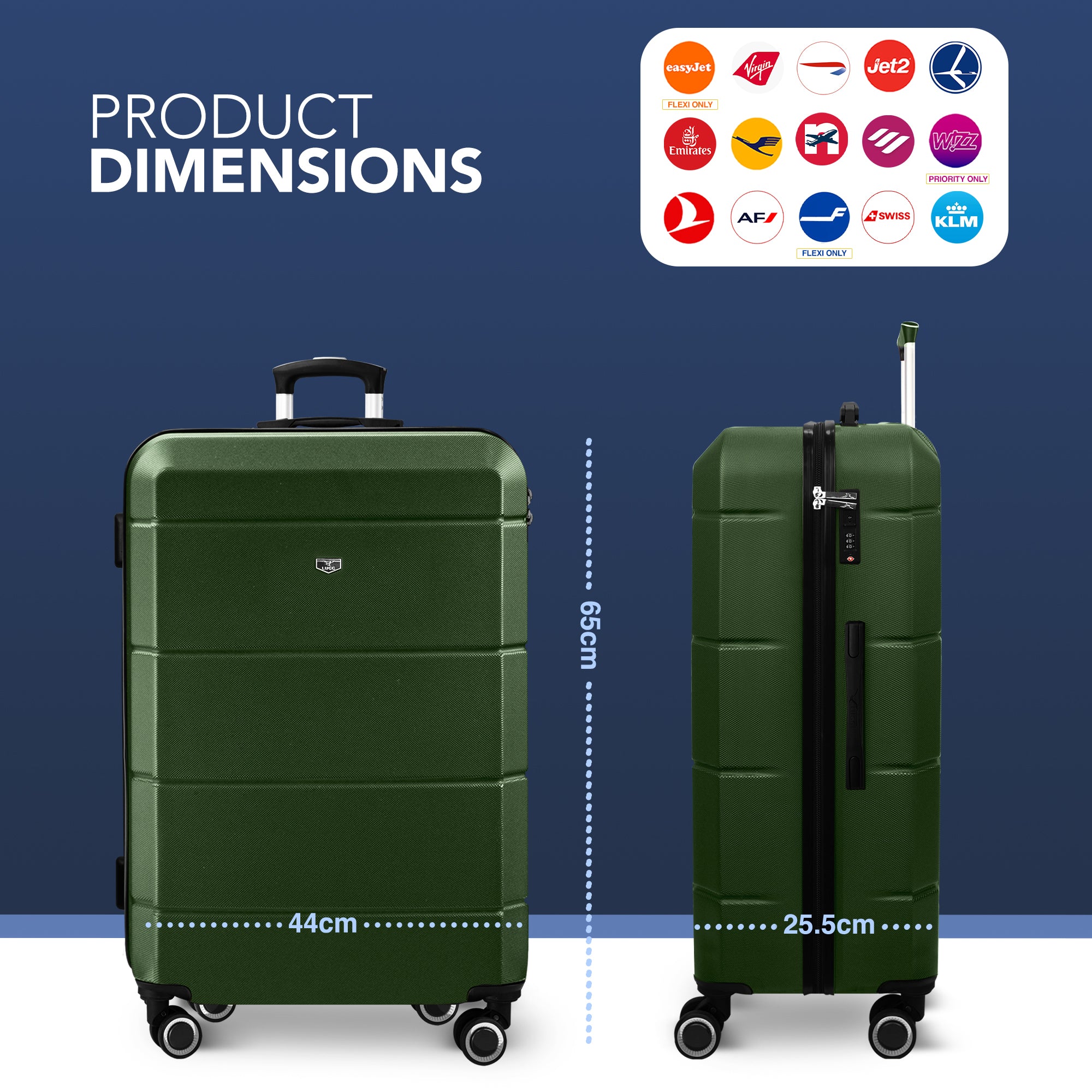 LUGG Jetset 24” Lightweight Travel Carry On Suitcase, ABS, Water Resistant & TSA Lock, Easyjet Overhead- Army Green