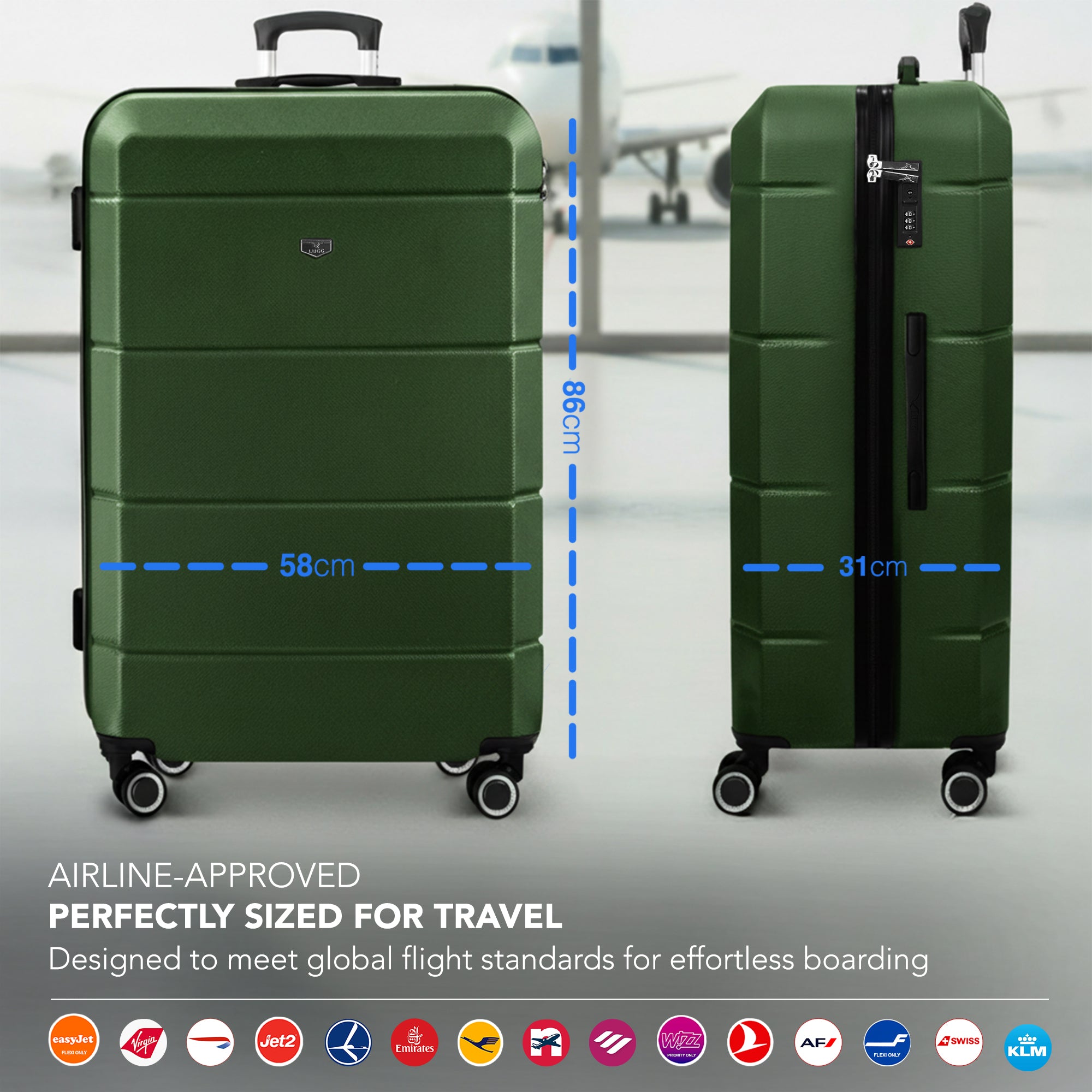 Jetset 32" Large Suitcase – Lightweight Hard Shell Luggage with TSA Lock – Water-Resistant ABS Spinner Suitcase – 4 Wheels – 86x58x31cm Travel Bag - Army Green