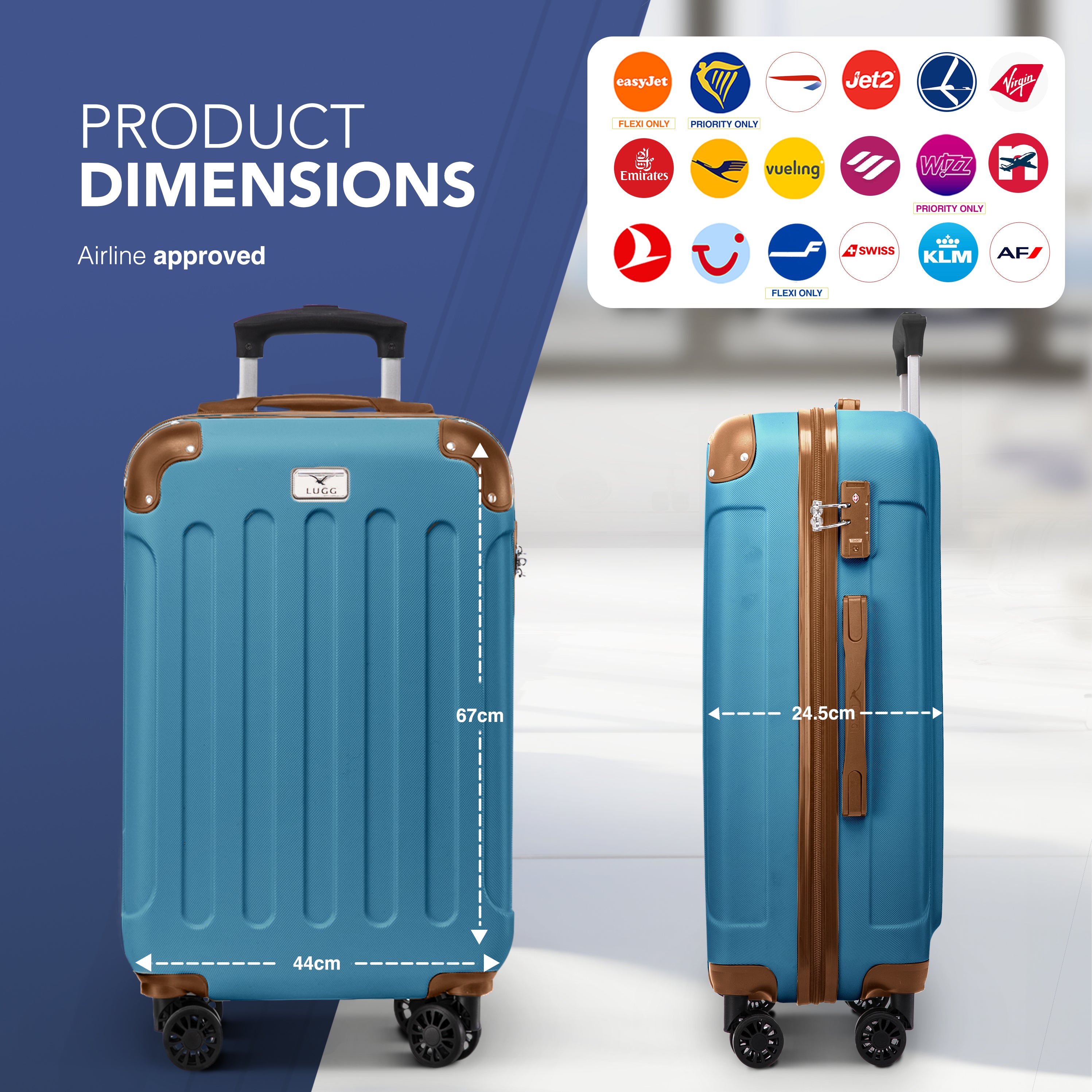 LUGG Skywander 24” Lightweight Underseat Cabin Bag - 67cm x 44cm x 24.5cm – EasyJet Approved Carry-On Suitcase, Durable ABS Hard Shell- Blue & Brown