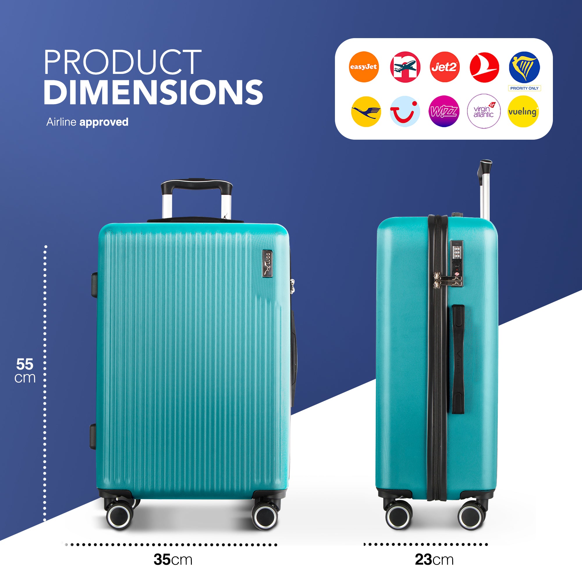 Vacay 20” Suitcase ABS Luggage with TSA Indent Lock, Aluminium Trolley Handle, 360° Spinner Wheels - Airline Compatible (55 x 23 x 35cm) - Ocean