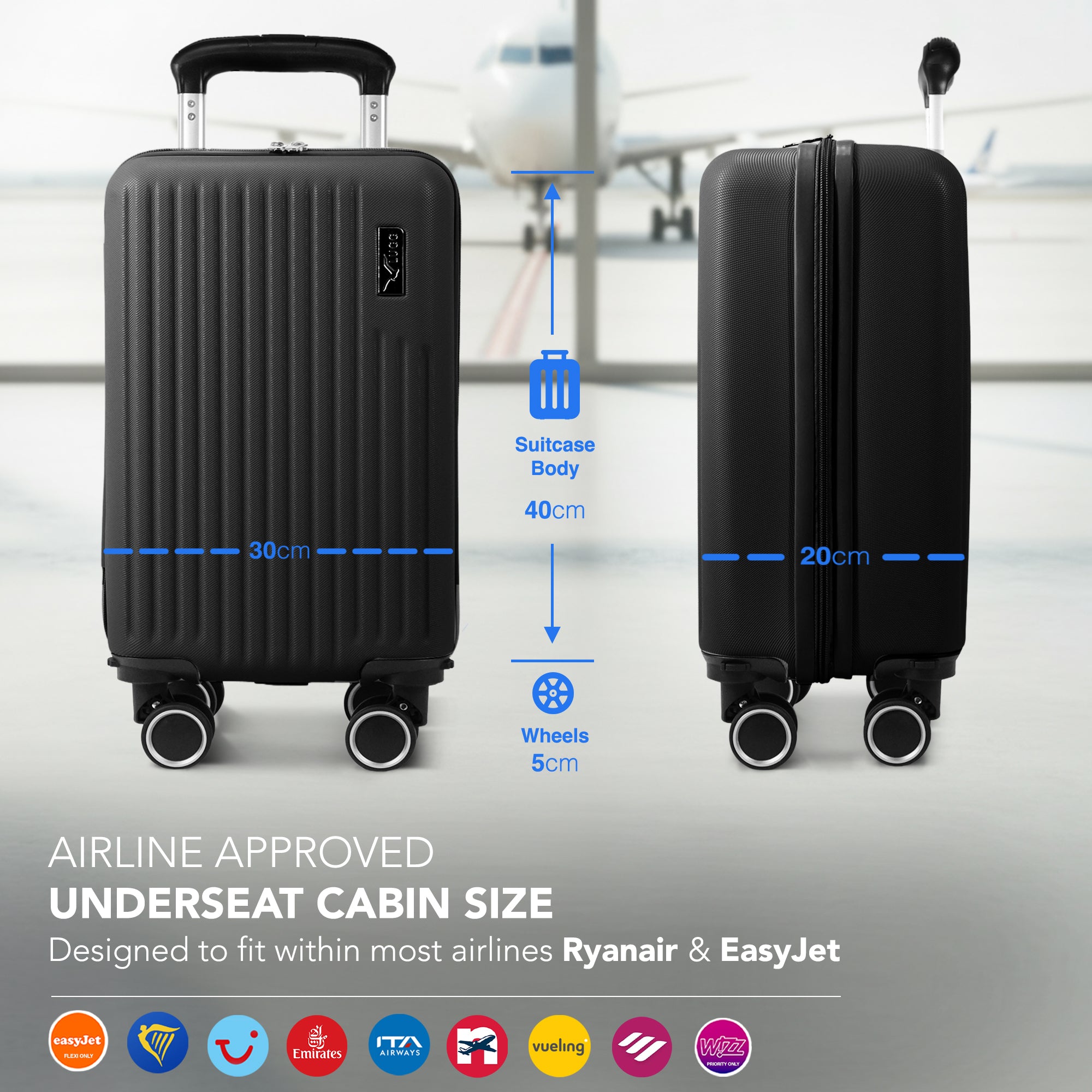 LUGG 40cm Vacay Suitcase ABS Luggage, Aluminium Trolley Handle, 360° Spinner Wheels, Water-Resistant & Durable Material - Airline Compatible (40 x 30 x 20cm)- Shadow