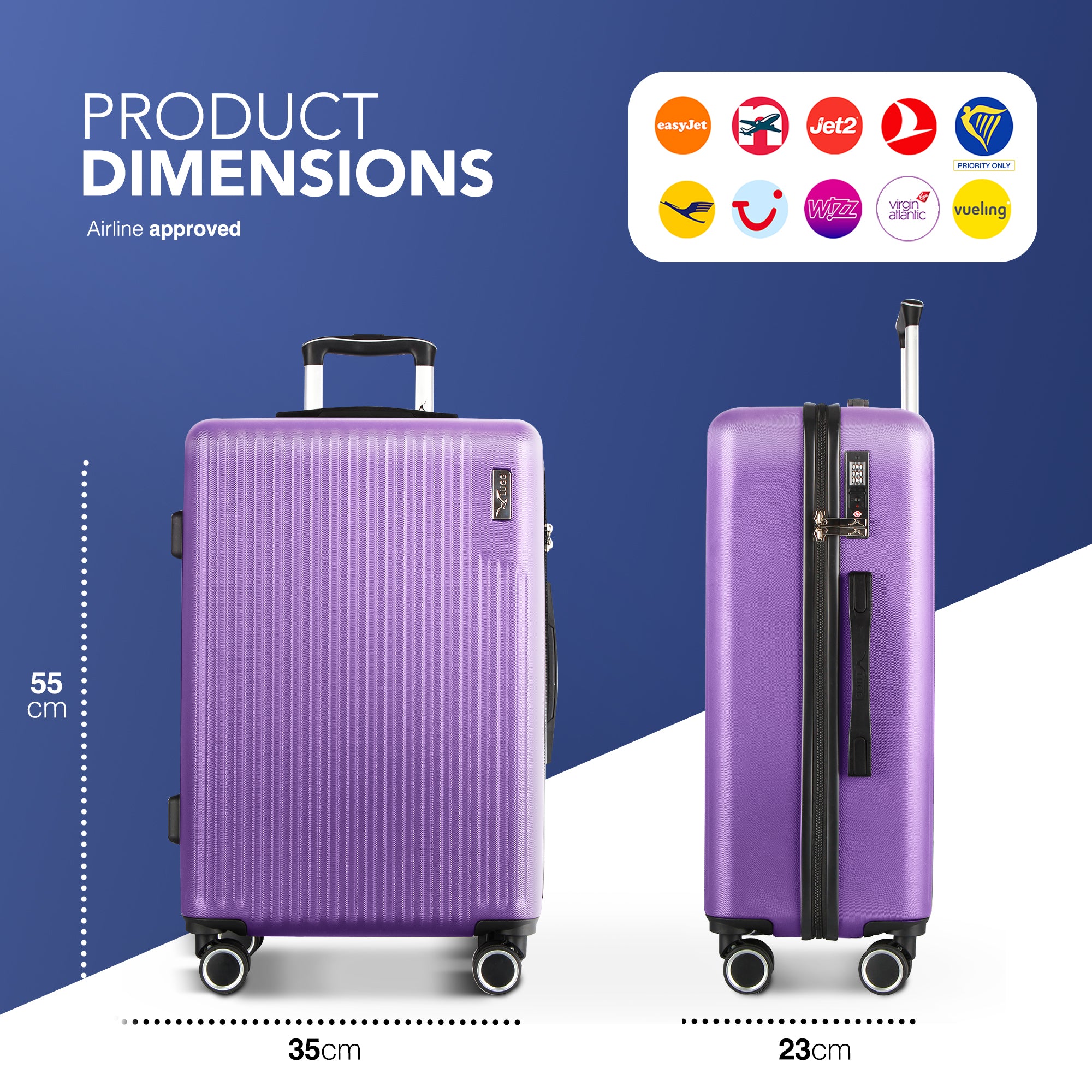 Vacay 20” Suitcase ABS Luggage with TSA Indent Lock, Aluminium Trolley Handle, 360° Spinner Wheels - Airline Compatible (55 x 35 x 23cm) - Lavender