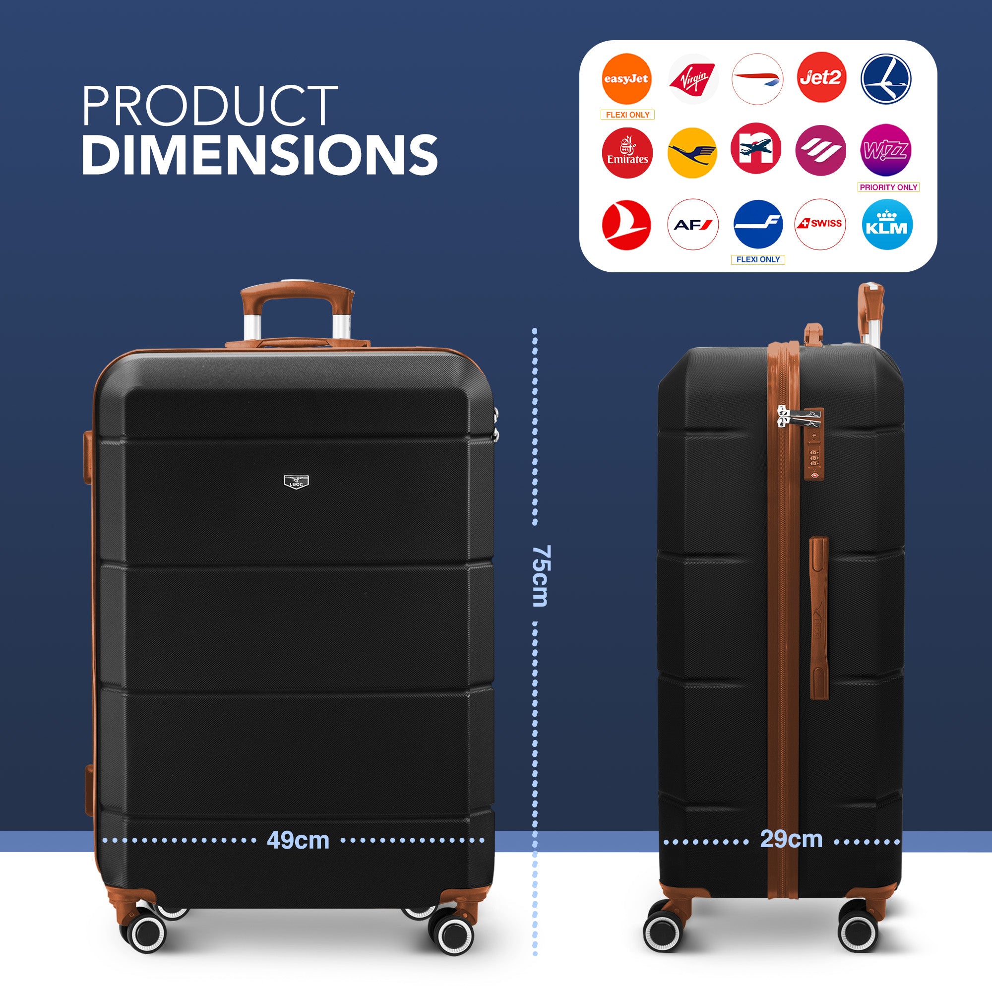 LUGG Jetset Valigia Cabina 55x35x22 Cm - Trolley Rigido ABS, 4 Ruote Girevoli, Manico Telescopico, Leggera E Resistente All'Acqua, Approvata Aeree